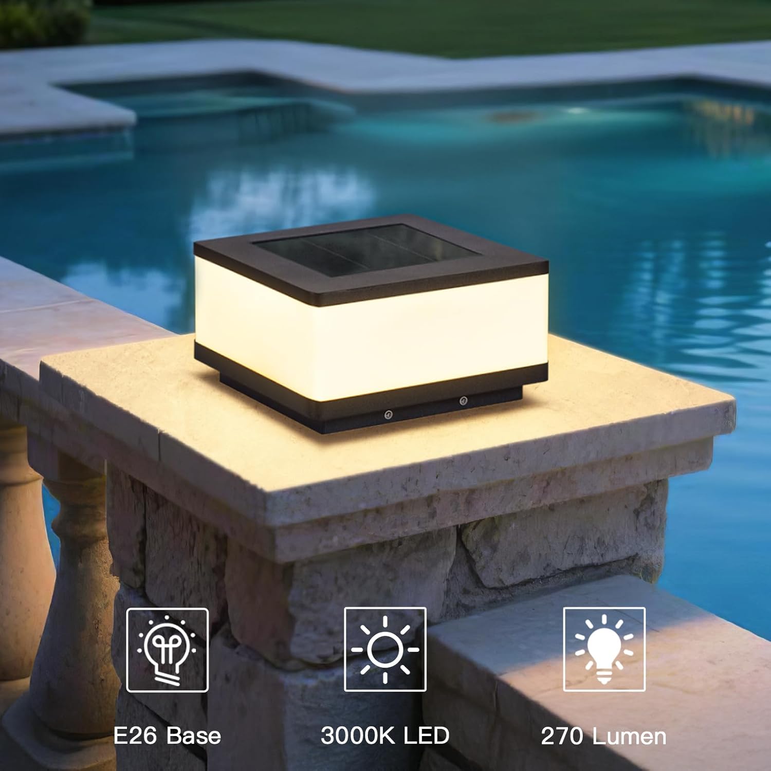Solar Post Lights, 10" Glass Waterproof Outdoor Lamp Post Light with Replaceable E26 Bulb, 3000K LED Pillar Lights Outdoor, Dusk to Dawn Column Light for Patio Fence Yard Garden Decoration