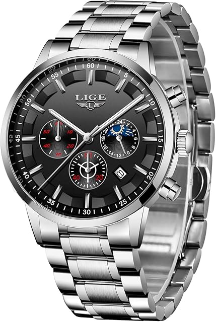 LIGE Mens Watch Fashion Sports Chronograph Waterproof Analog Quartz Stainless Steel Strap Casual Watch