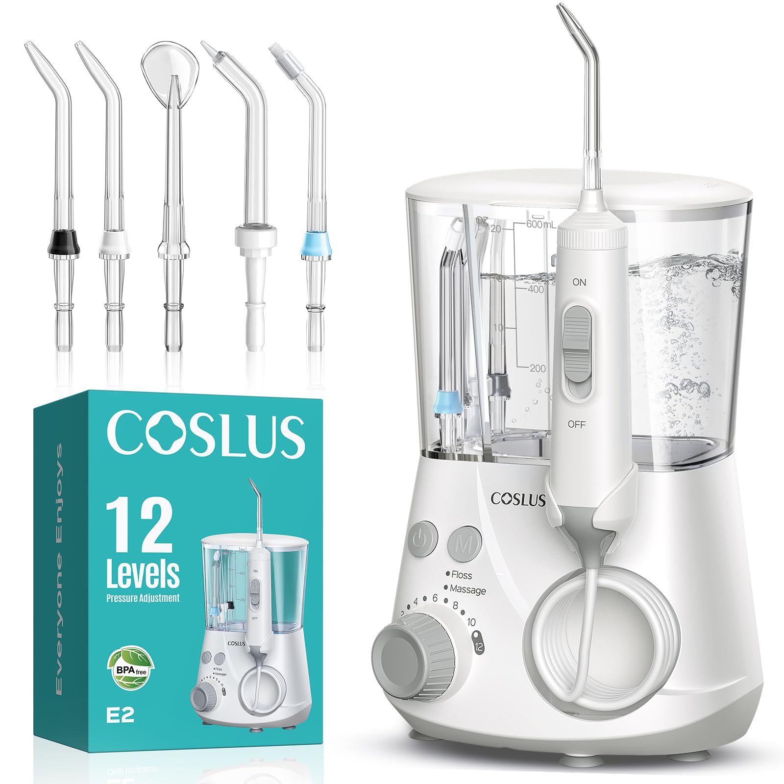 COSLUS E2 Water Tooth Flossers for Teeth: 12 Pressure Settings & 2 Modes for Orthodontic, Braces. Water Dental Pick for Kids, Adults and Seniors- Home Use, 5 Jet Tips for Multiple Users, Family, White
