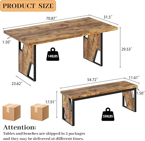 Miniatura 8 de Mesa de comedor de madera de 70.8 pulgadas con 2 bancos, mesa de cocina moderna y sillas para 4-6 personas, mesa de madera MDF gruesa con banco de