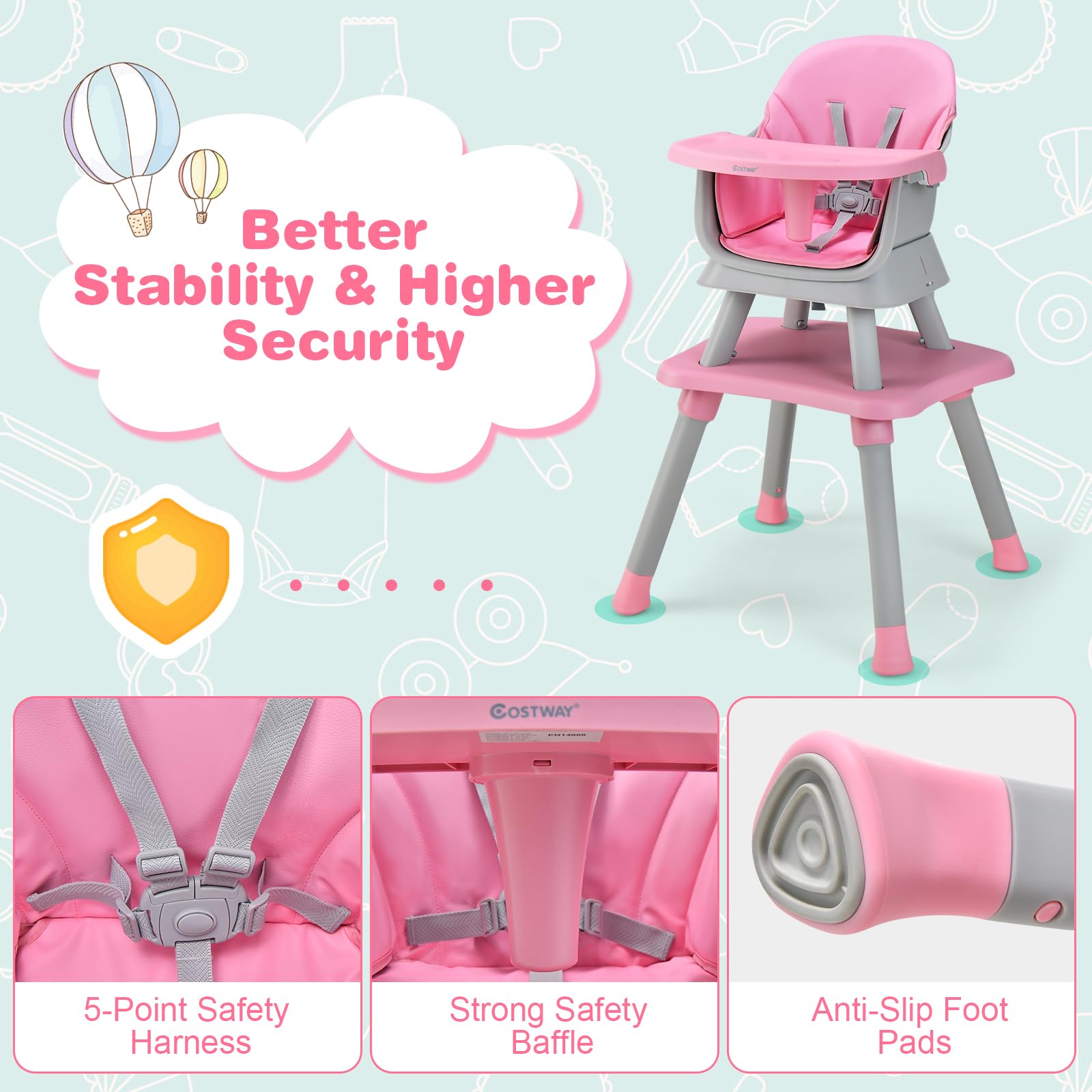 RELAX4LIFE 6 en 1 Trona Bebé con Arnes de 5 Puntos y Cojín Desmontables, Tronas de Bebe Portátil con Bandeja Ajustable y Extraíble, Mesa y Silla Infantil para Niños 6+ Meses, Carga 25kg (Rosa)