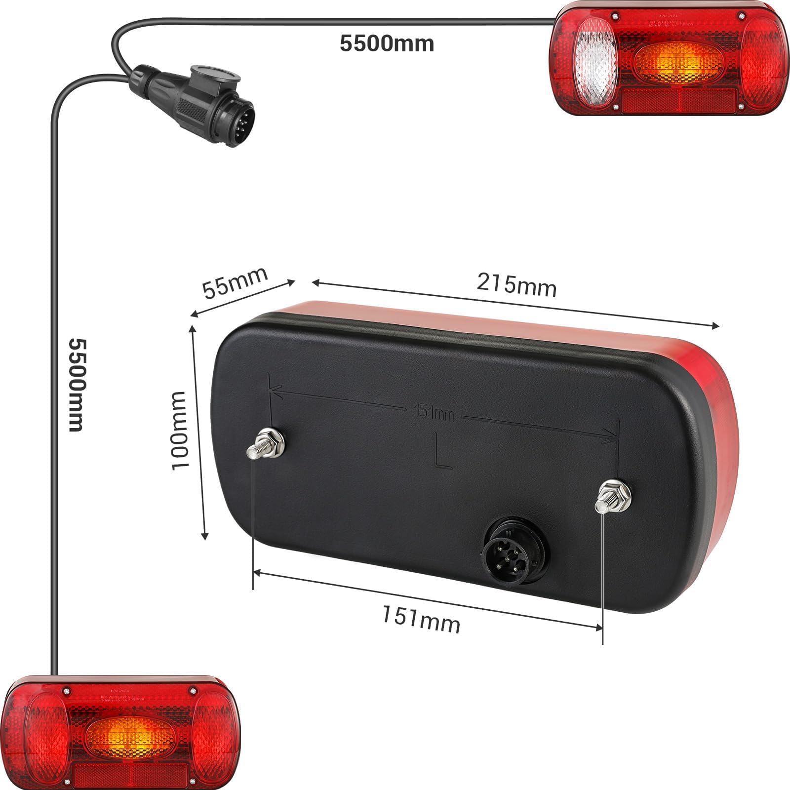 MAMIZO Juego de Pilotos Traseros Remolque, Luces para Remolque de 13 Pines, kit Luces Remolque Genéricas 12V con 6 Funciones/Juego de Cables de 5,5m*2/Certificado E