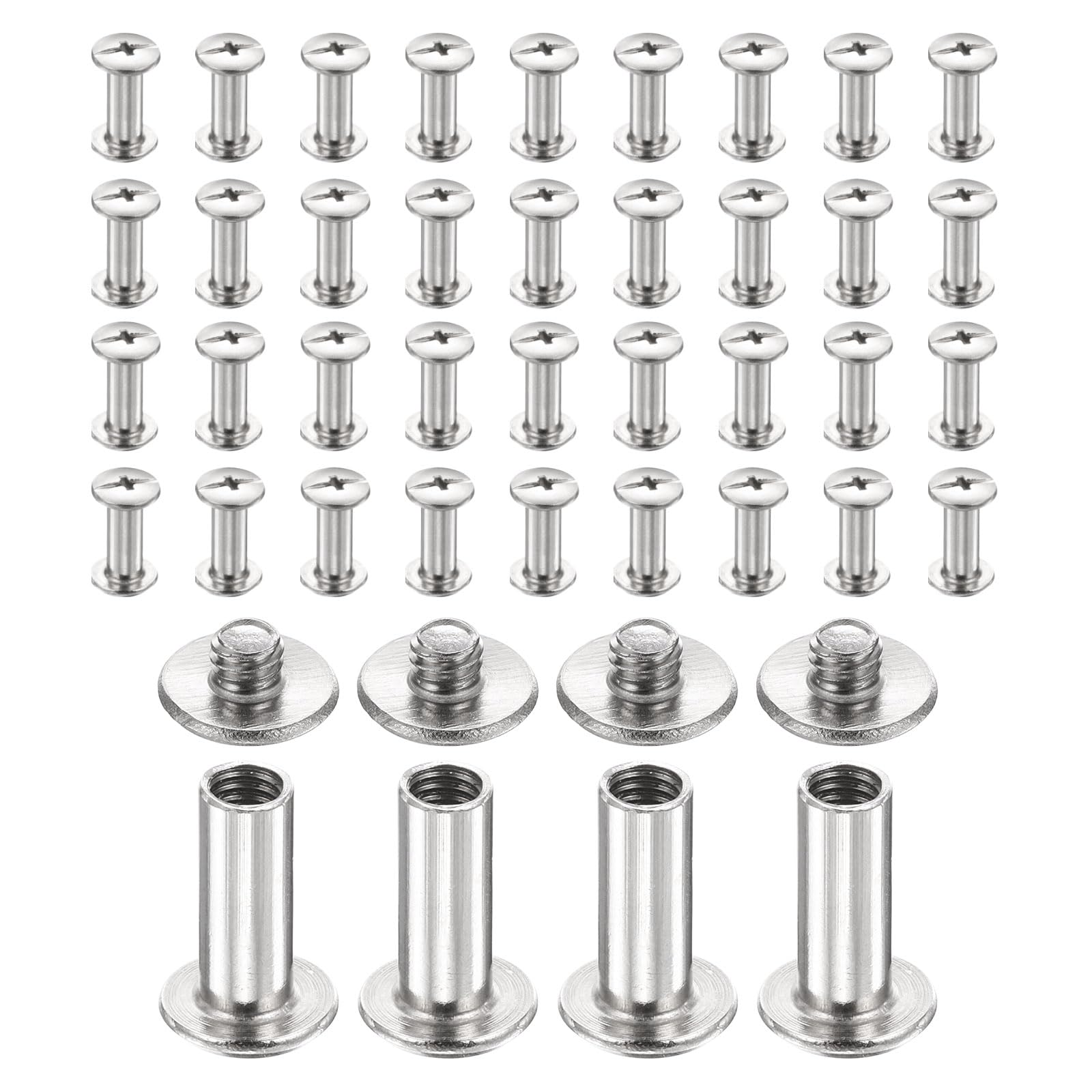 sourcing map 40set Chicago Screw M4x13mm 6mm Length Metal Phillips Nail Rivet Stud Bolts Rivets Binding Post Screw for DIY Leather Belt Bag Craft Bookbinding, Silver
