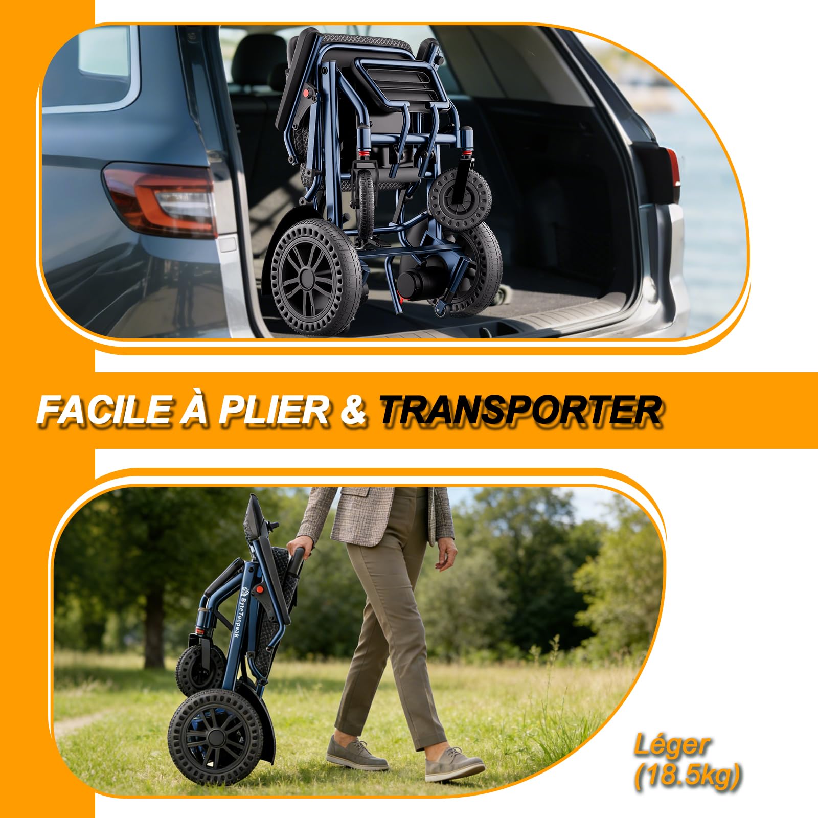 D14 Fauteuil Roulant Électrique Pliable Léger | Autonomie 25 km, Moteur Sans Balais 500 W, Batterie Amovible 12 Ah, Aluminium, Charge 150 kg, Homologué Avion