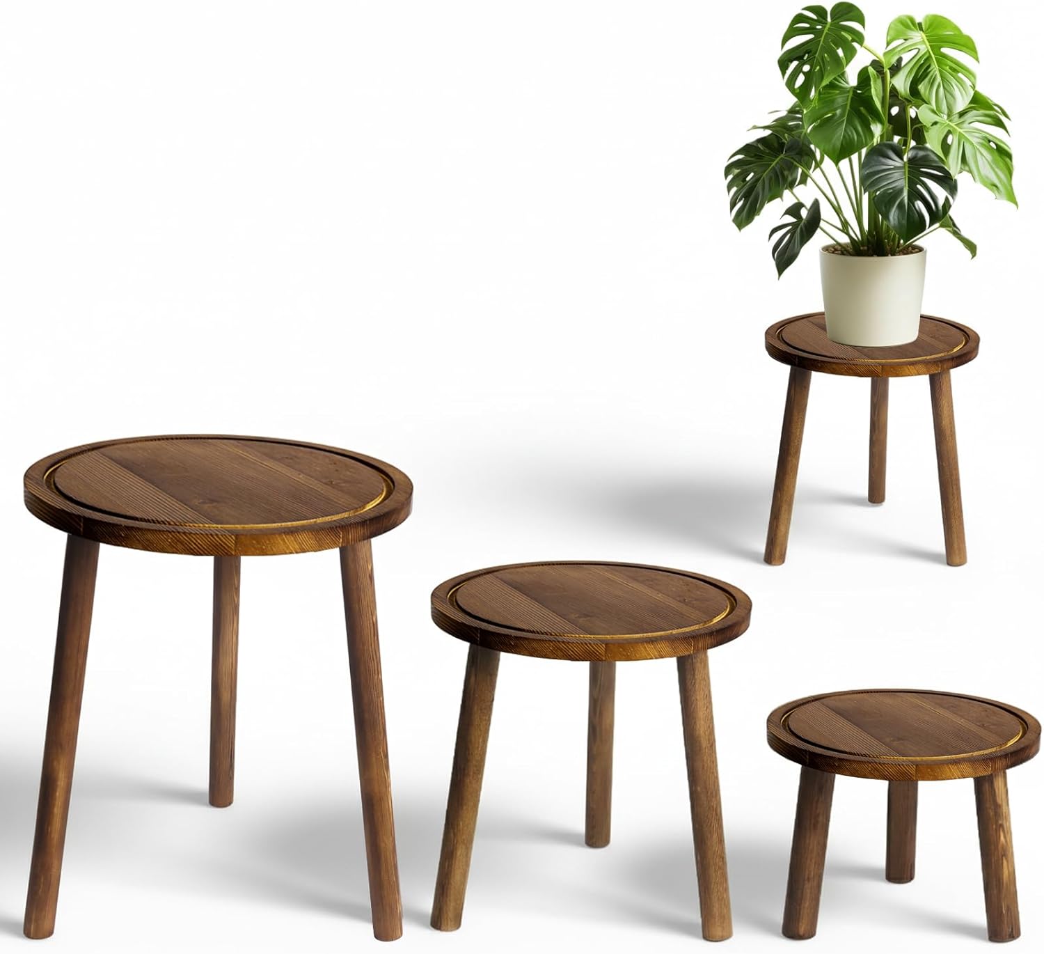 Janedream 3-Pack Wooden Plant Stands, Small Indoor Plant Stool Set, Round Wood Flower Pot Holders for Corner Display, Living Room, Balcony & Office