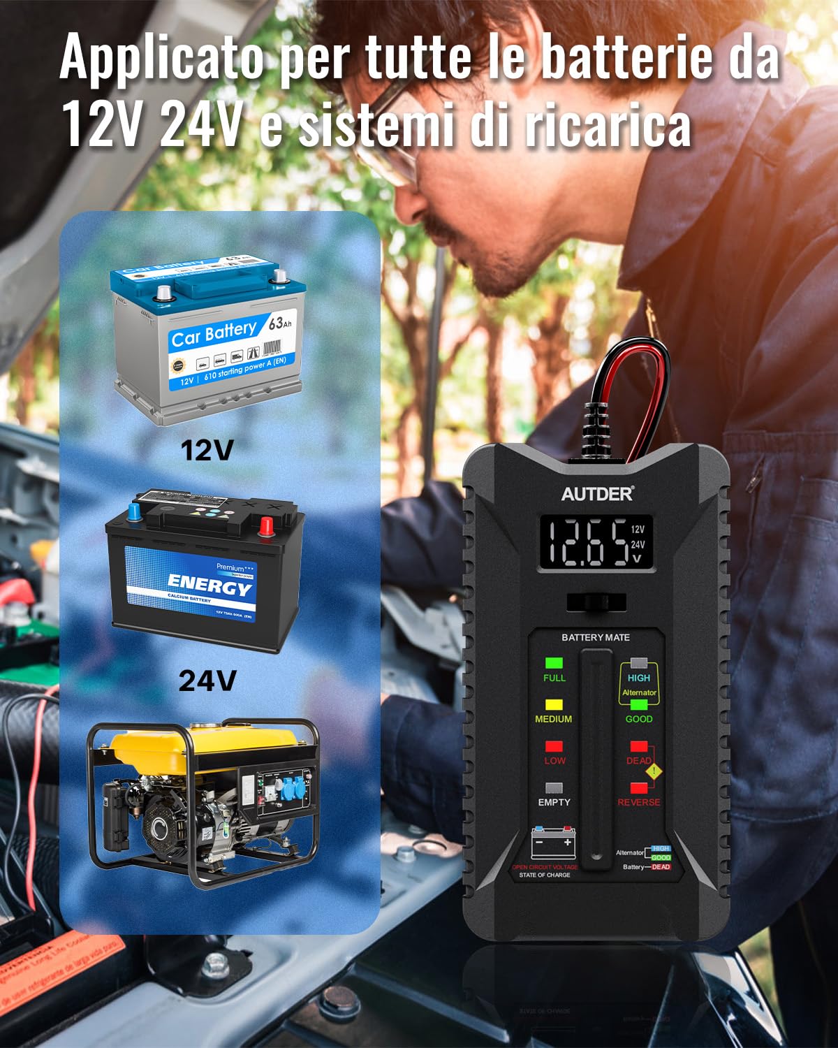 AUTDER Tester Digitale della Batteria, Volmetro 12V/24V per Batterie Auto & Moto, Analizzatore del Sistema di Carica Alternatore con Display LCD e Indicatori LED, Due Modalità di Test