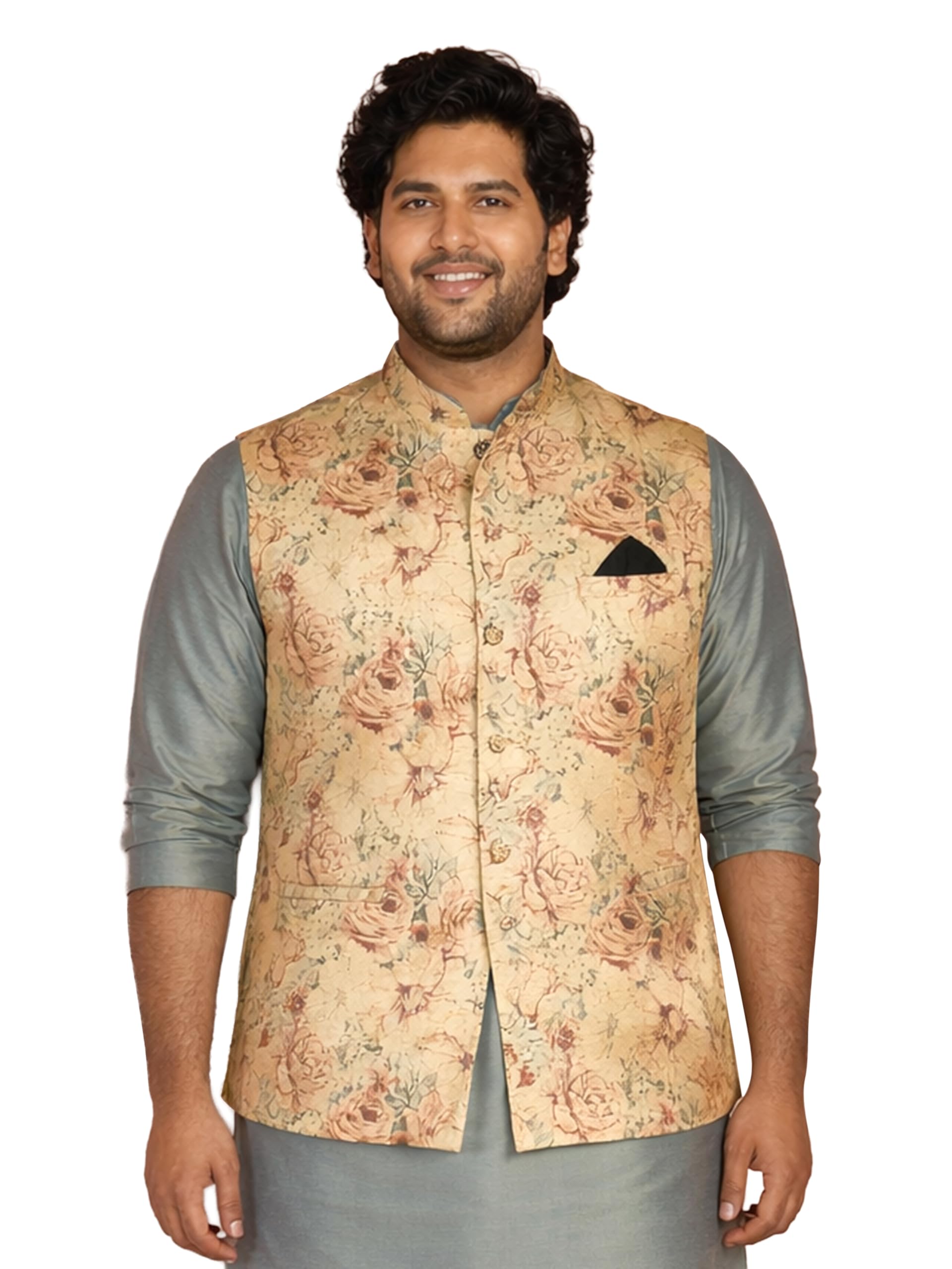 vastramay Men Chiku Silk Blend Digital Floral Printed Nehru Jacket | Mandarin Collar | Festive, Wedding & Party Outfit-picture-35