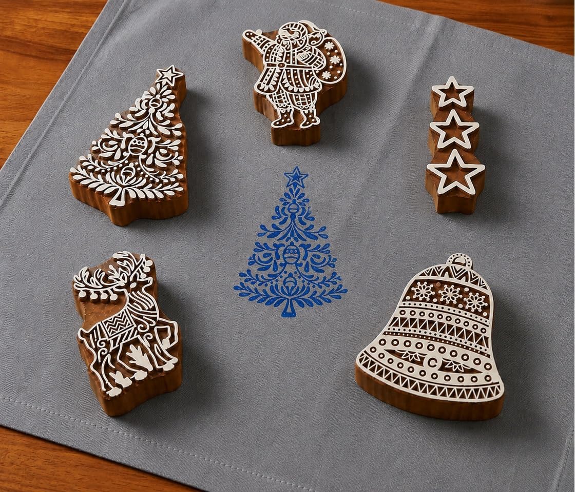 Christmas Theme Motif Wood Printing Block Set of 5 for Textile Craft Art
