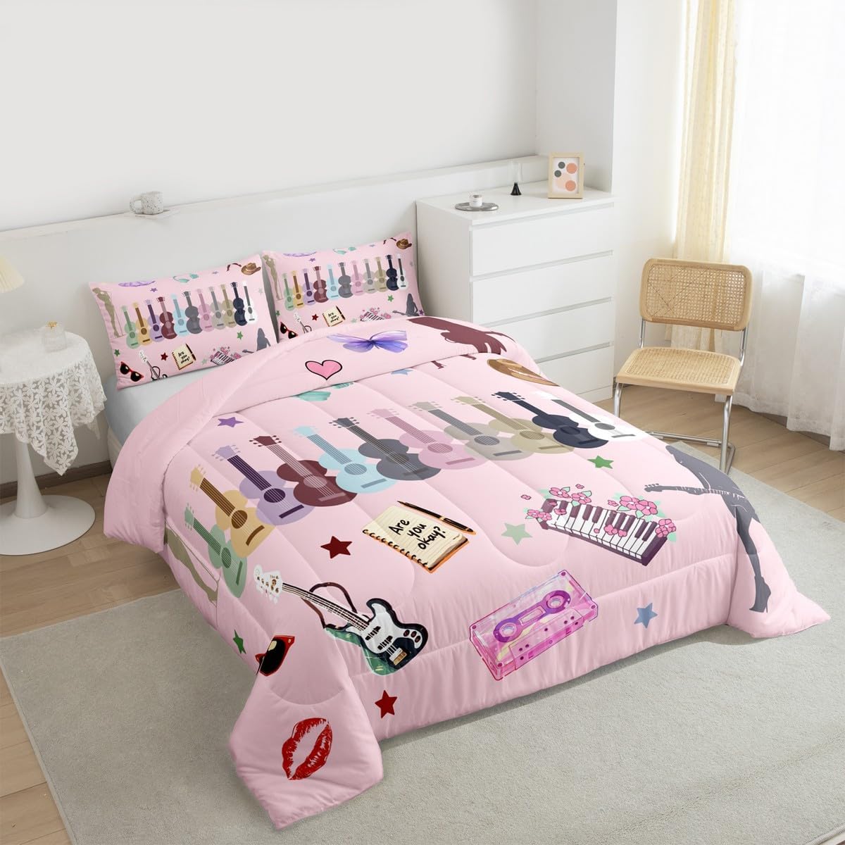 Erosebridal Music Fans Guitar Queen Comforter Set Music Themed Bedding Set Singer Fans Pink Down Comforter for Kids Girls Women Fashion Birthday Valentines Day Gift Quilt Set 3 Pcs Bedroom Decor