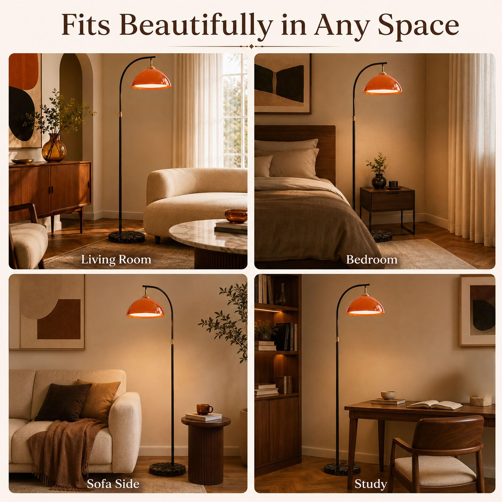 Lámpara De Pie Orange Arc, Base De Mármol, Mid-Century Modern, E27 | Pantalla Acrílica Doble Capa De Seta, Altura Ajustable, 3 Temperaturas, Interruptor De Pie, Poste Negro, Salón/Dormitorio