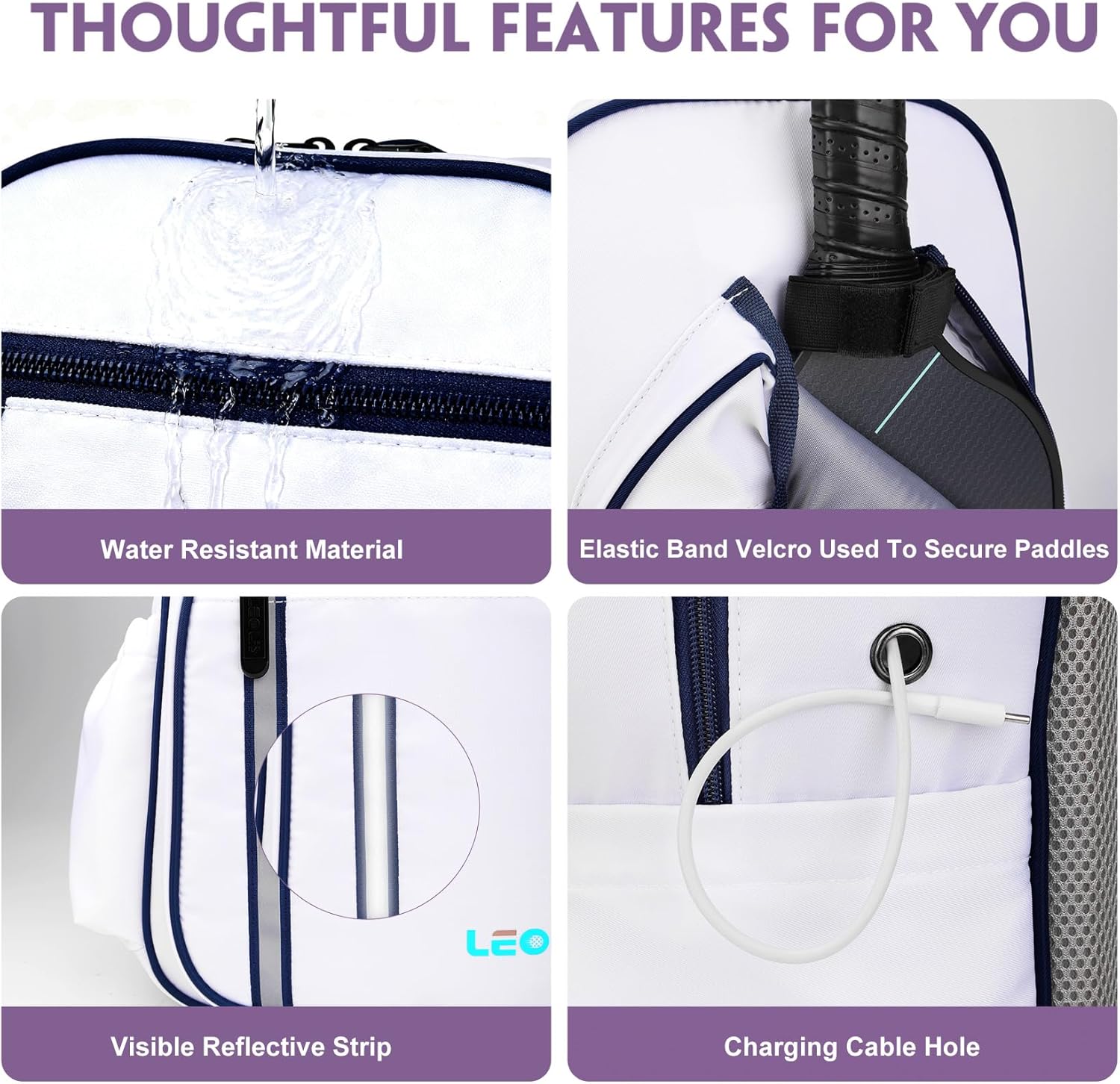 Pickleball Backpack, 30L Pickleball Bag Waterproof Large 3-Racket Tennis Sports Bag with Shoe Compartment & Insulated Pocket, Paddle Holder, Premium Sturdy Durable Bag for Men & Women (White) - Image 3