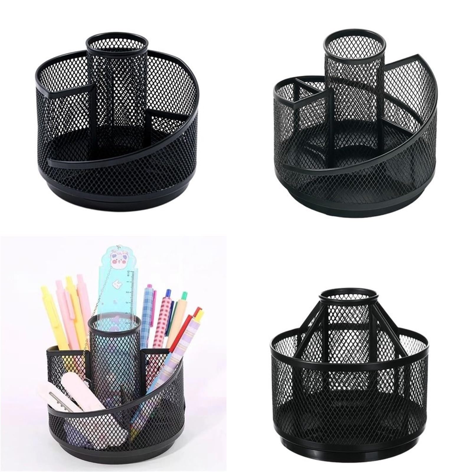 Portapenne multifunzionale da 3 pezzi, portaspazzole in metallo, scatola portaoggetti scrivania in rete, for casa e ufficio Per Ufficio,Casa(Black 3)