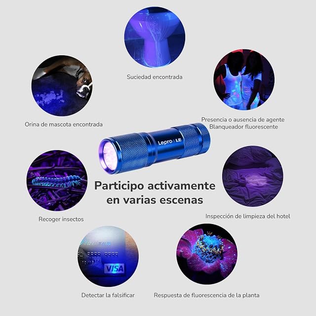 Foto 3 de 8 de Lepro Linterna Ultravioleta 395nm con 9 LED, 3 AAA Pilas Incluidas, Azul