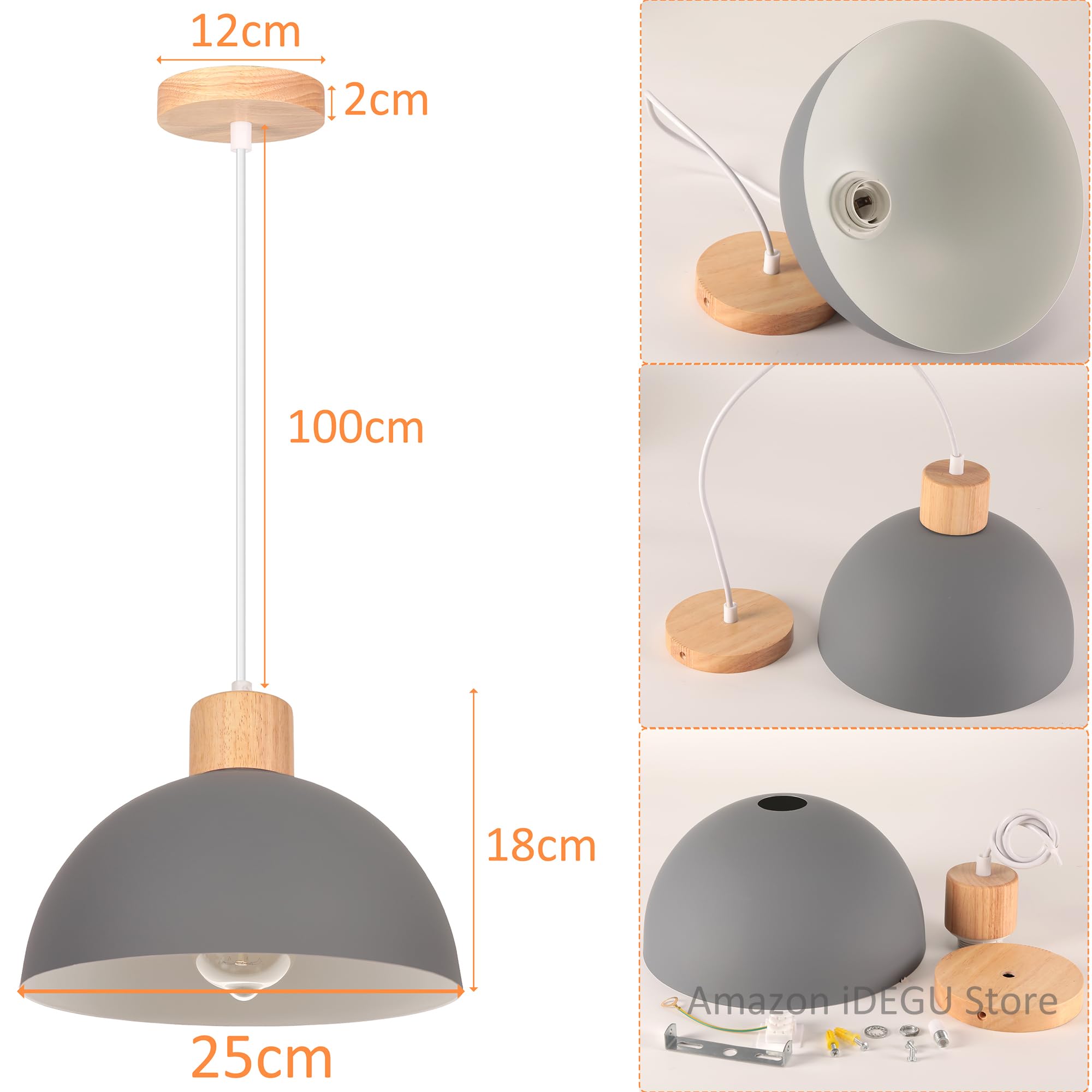 iDEGU Set of 2 Retro Pendant Light Fixtures E27 Ceiling Light Modern Scandinavian Style 25cm Hemisphere Hanging Lampshade Metal Wood Pendant Light for Bedroom Dining Room Kitchen Restaurant (Grey) - Image 4