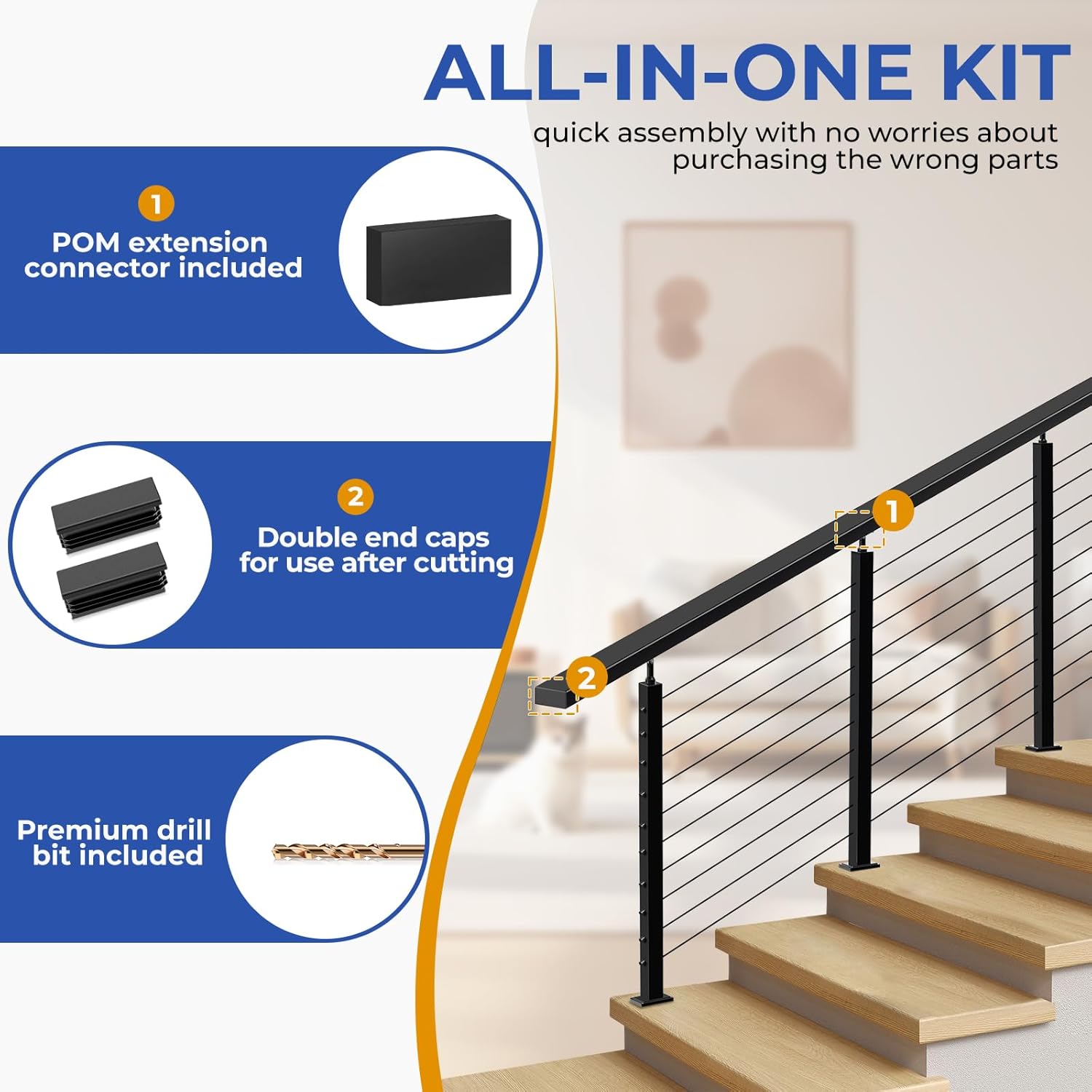 1Pack 6'6" Stainless Steel T304 Black Handrail for Cable Railing with Nylon End Cap Extension Connectors, 2.36" W x 1.18" H Cuttable Flat Handrail Rectangular Top Rail for Indoor Outdoor