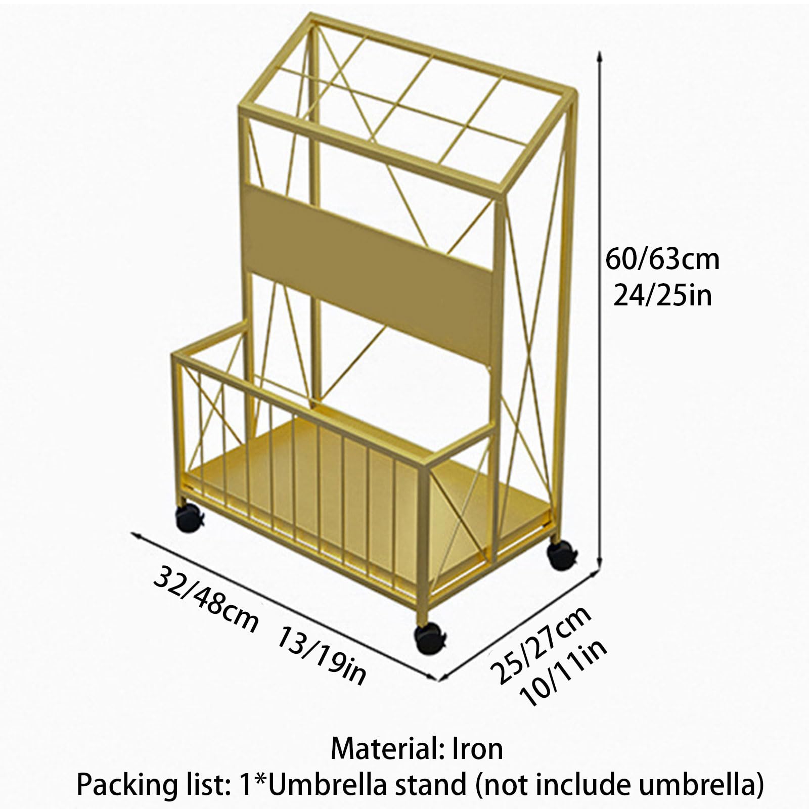 Portaombrelli in metallo, Portaombrelli in metallo a 2 livelli, vassoio raccogligocce for 25-35 ombrelli, ruote, nero/oro, misure(Black,48x27x63cm/19x11x25in)