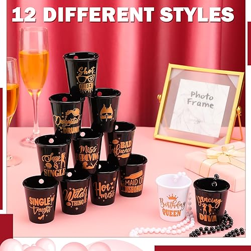 Miniatura 3 de Janmercy 12 piezas de collar de chupito de cumpleaños a granel divertido de plástico con cuentas de chupito collar de fiesta para niñas y mujeres