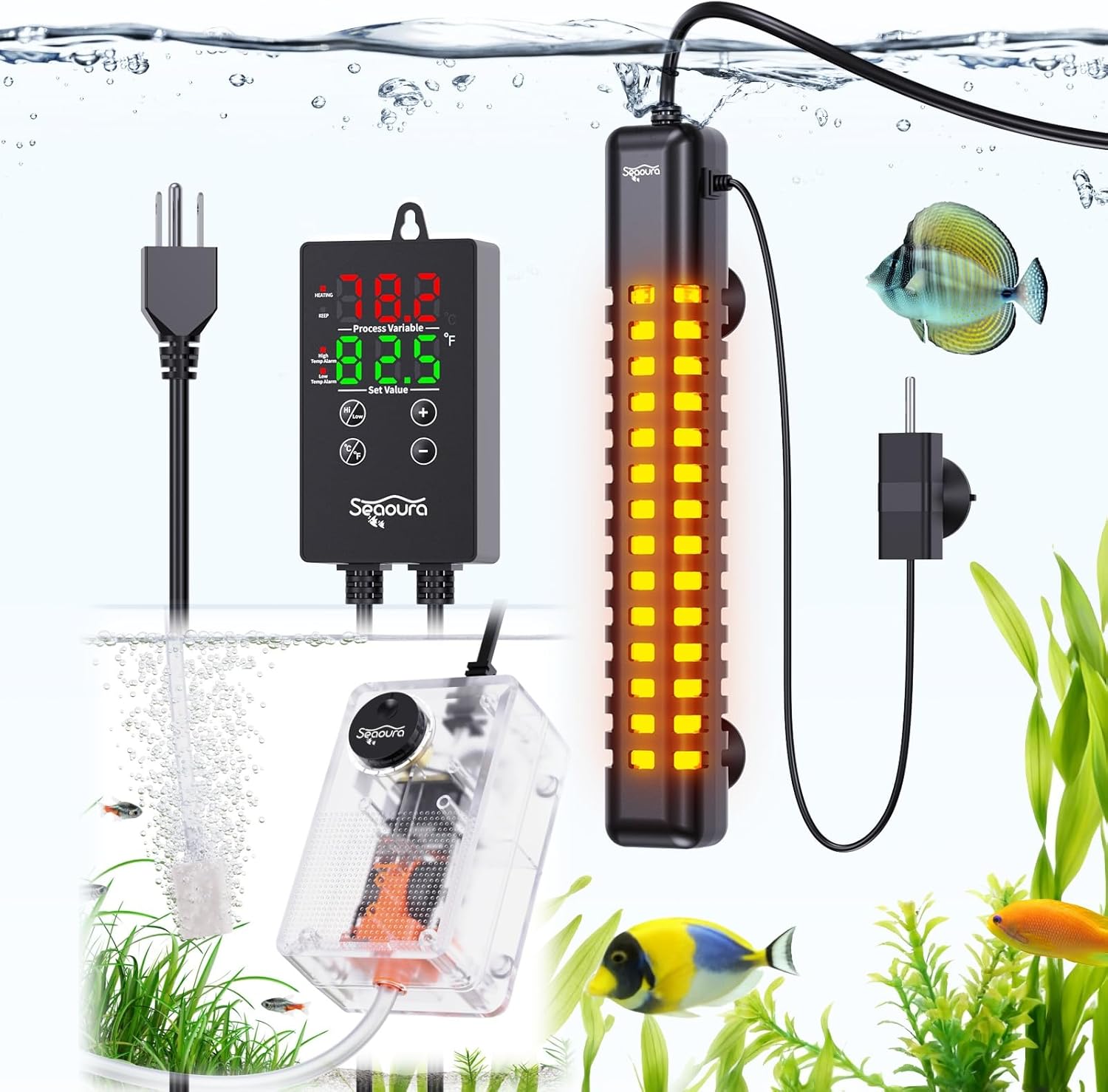 SEAOURA Submersible Fish Tank Heater, 100 Watt Aquarium Heaters and Adjustable 2W Fish Tank Air Bubbler Aquarium Aerator Air Pump for 5-25 Gallon