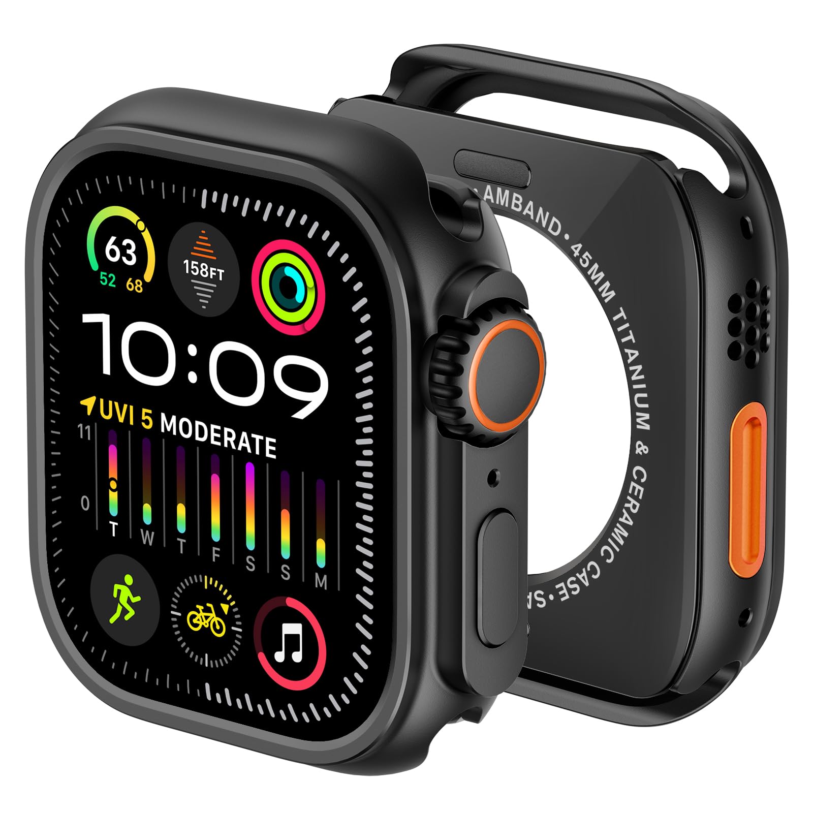 amBand 3 in 1 Metal Case Compatible with Apple Watch Series 9/8/7 45mm, W1 Protector Rugged Bumper with Watch Crown + Back Cover, Black