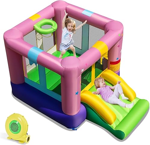 Miniatura 19 de HONEY JOY Casa de rebote inflable, castillo hinchable para niños con tobogán y área gigante de rebote, bolsa de transporte Oxford, estacas, castillo