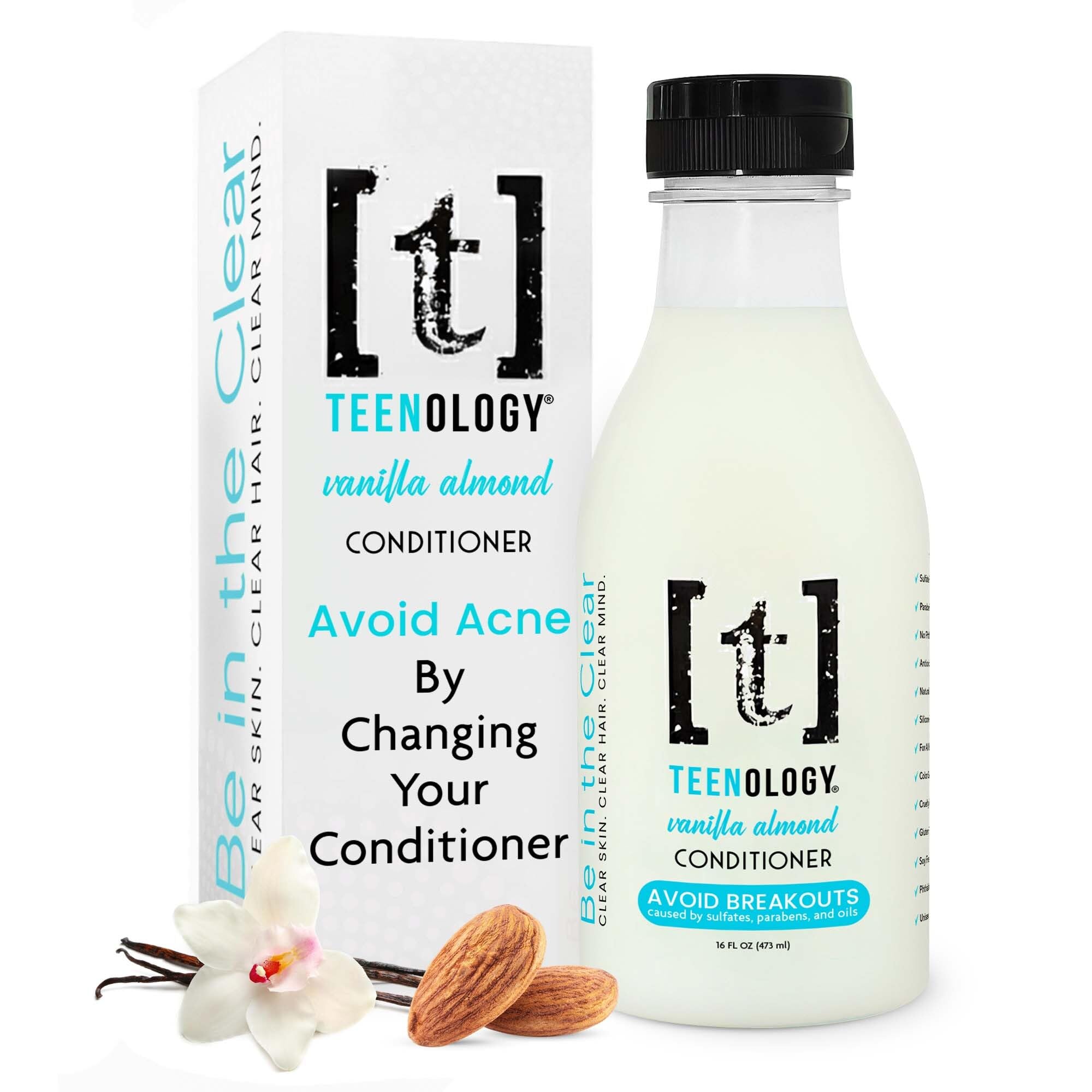 Teenology Teen Conditioner – Avoid Acne Breakouts, Non-Comedogenic, For Dry & Oily Scalps, Sulfate & Paraben Free, Natural Botanical Extracts, for Clear Skin & Healthy Hair, 16 oz – (Vanilla Almond)