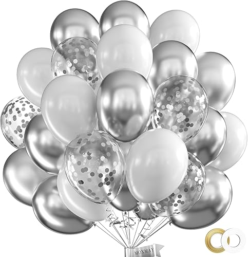 MOXMAY Juego de 50 globos para fiestas, confeti cromado, globos de fiesta de color blanco plateado para cumpleaños, baby shower con 2 globos de tubo