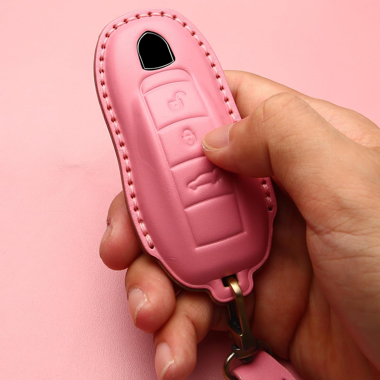 Tukellen for Porsche Leather Key Fob Cover with Keychain Key Shell Compatible with Panamera, Macan, Cayenne, 911-Pink