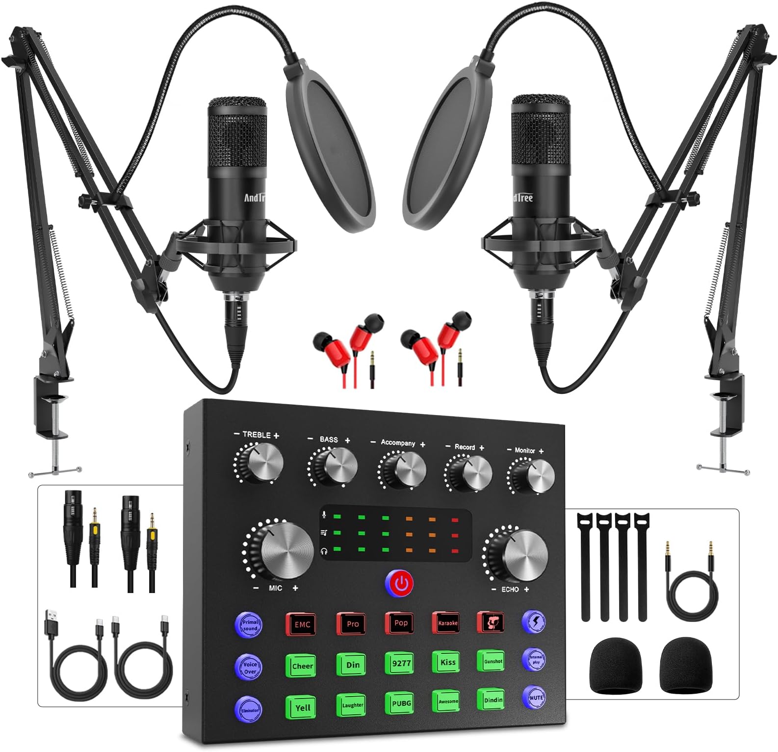 Podcast Equipment Bundle for 2, Audio Interface with Podcast Condenser Microphone, Voice Changer, DJ Mixer for Streaming, Podcast Recording, Gaming, TikTok, PC, Smartphone
