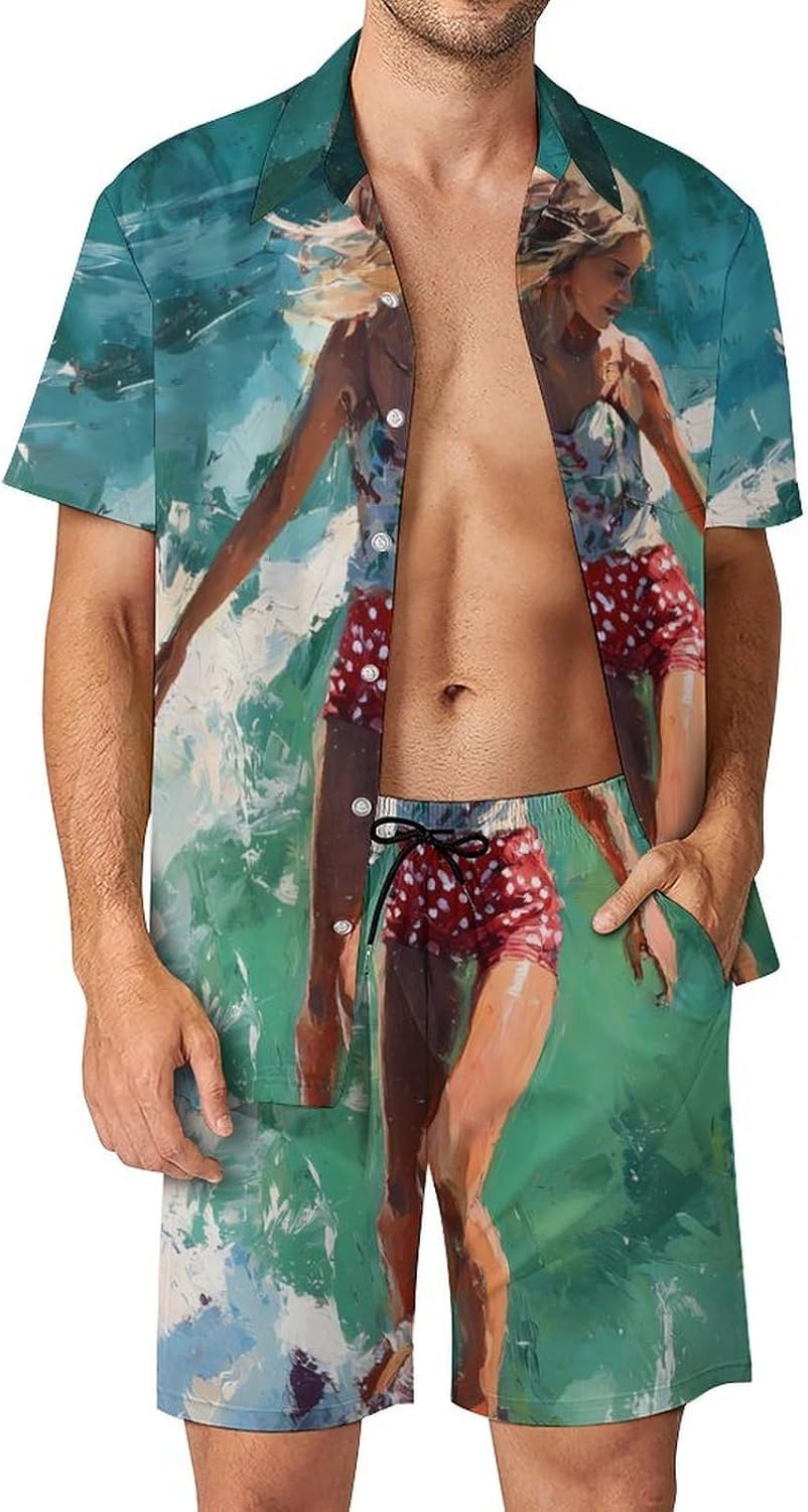 Woman Surf Surfing Ocean Waves Men's Summer Beach 2 Piece Outfits | hawaiian button down shirt and shorts,vacation cruise,mens bathing suit