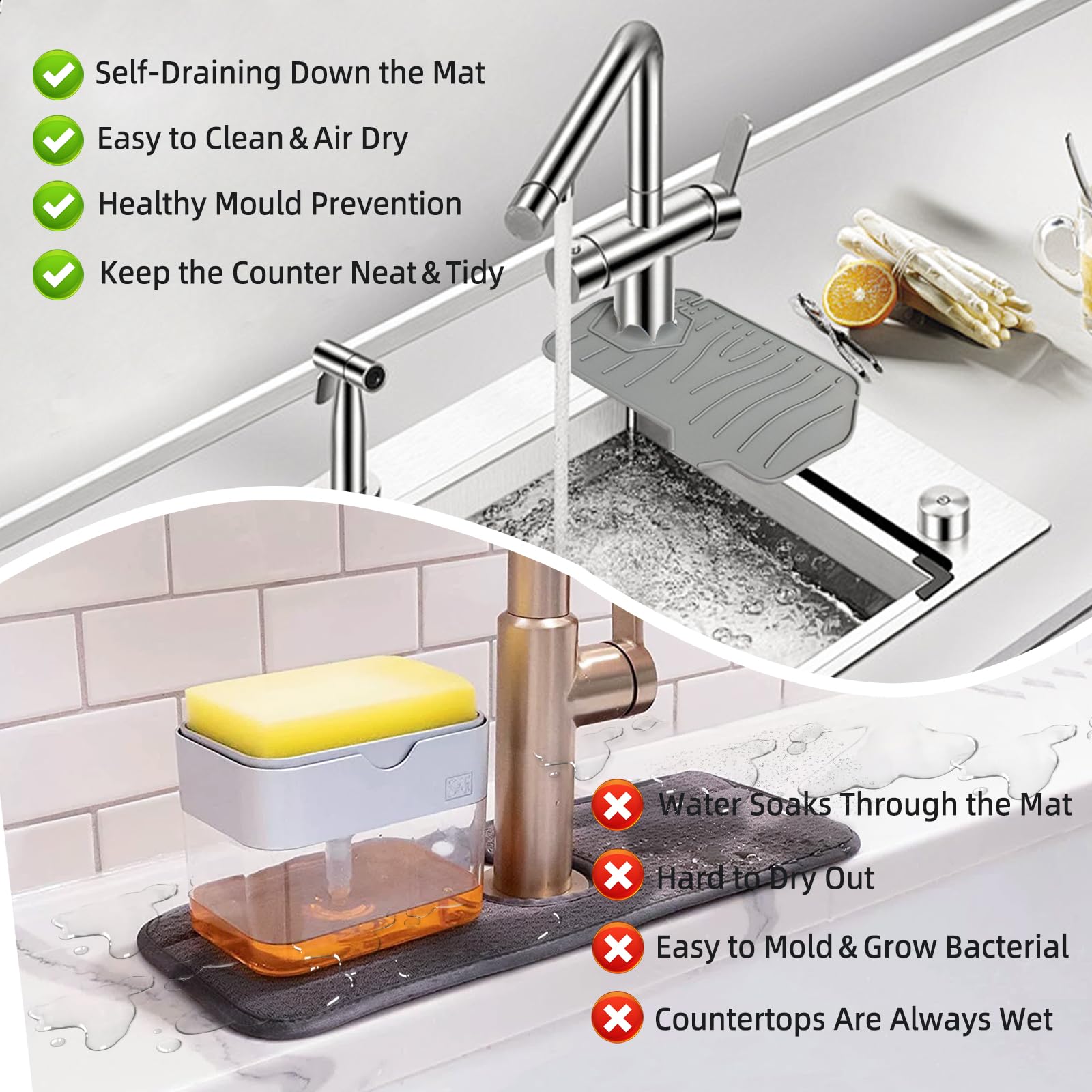 2 szt. Silikonowa mata do zlewu, 24,5 × 15,3 cm Kran Drain Pad do kranów o średnicy do 7,5 cm, silikonowa mata do ścieków składanych, mata do zlewu kuchnia i łazienka