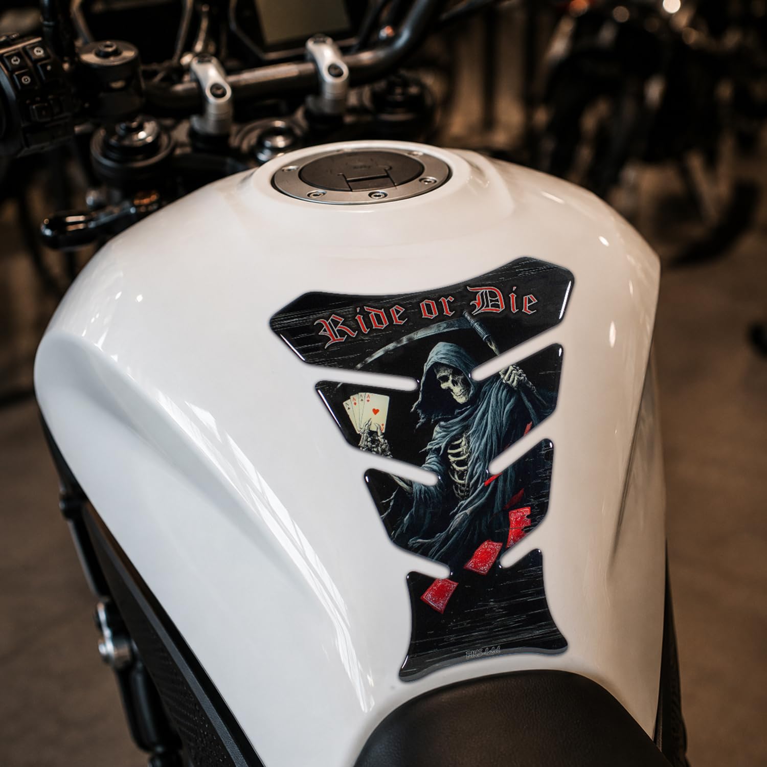 Adesivo per moto 3D, Tankpad Ride or Die Reaper, protezione universale per serbatoio X510712VA