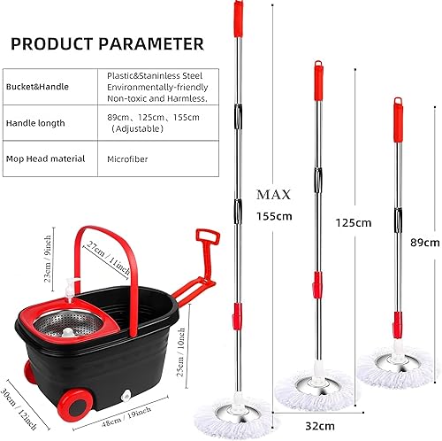 Miniatura 7 de Trapeador y cubo con juego de escurridor, cubo giratorio de 360 sobre ruedas para limpieza de pisos, 3 repuestos de cabezal de repuesto de mopa de