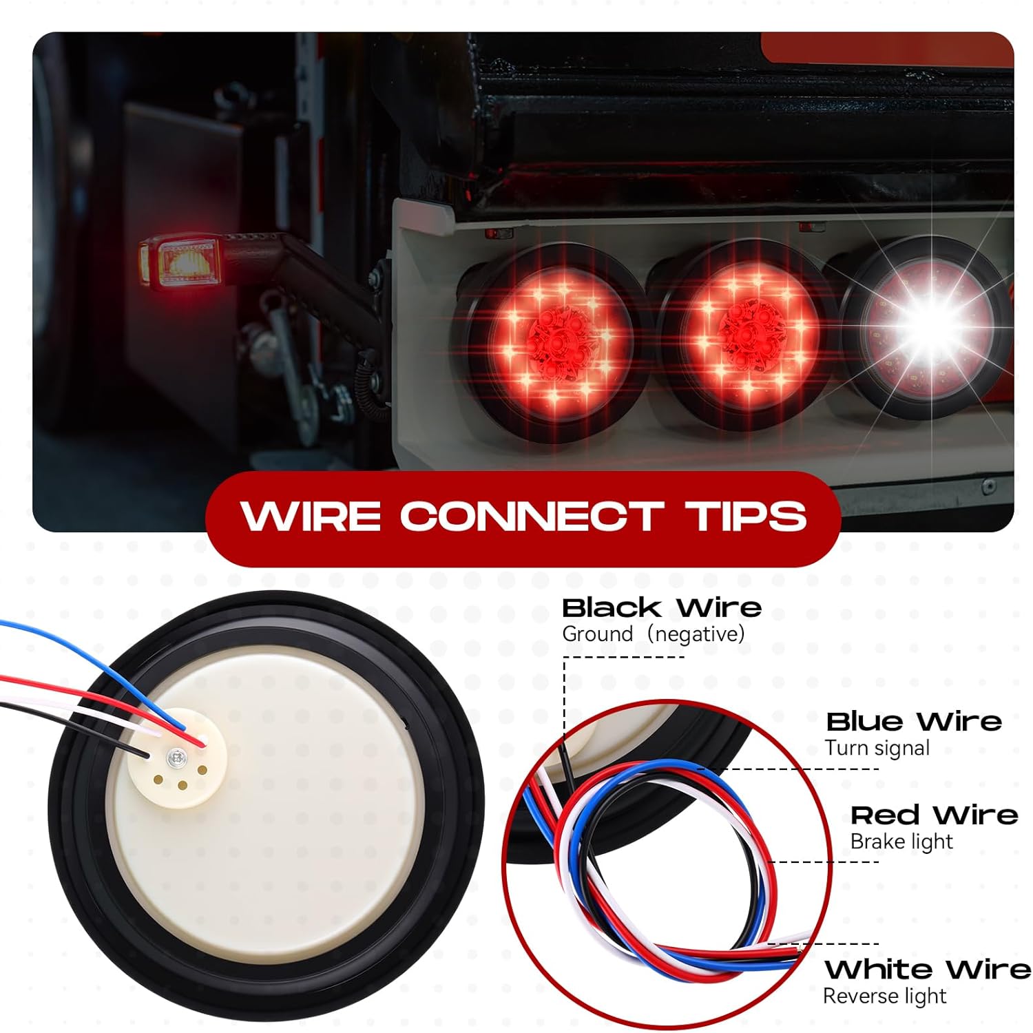 Riakrum 12 Pcs 4 Inch Round LED Trailer Tail Lights 16 LEDs Waterproof Stop Turn Brake Backup Reverse Running Lights with Rubber Grommet Sealed Round Red White LED Lamps for Trailer Truck RV(Modern)