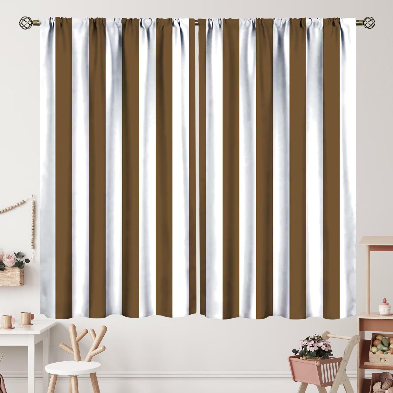 ZhiRain Brown and White Striped Curtains Vertical Stripe Geometric Modern Farmhouse Chic Style Curtain with Rod Pocket for Bedroom Living Room Drapes