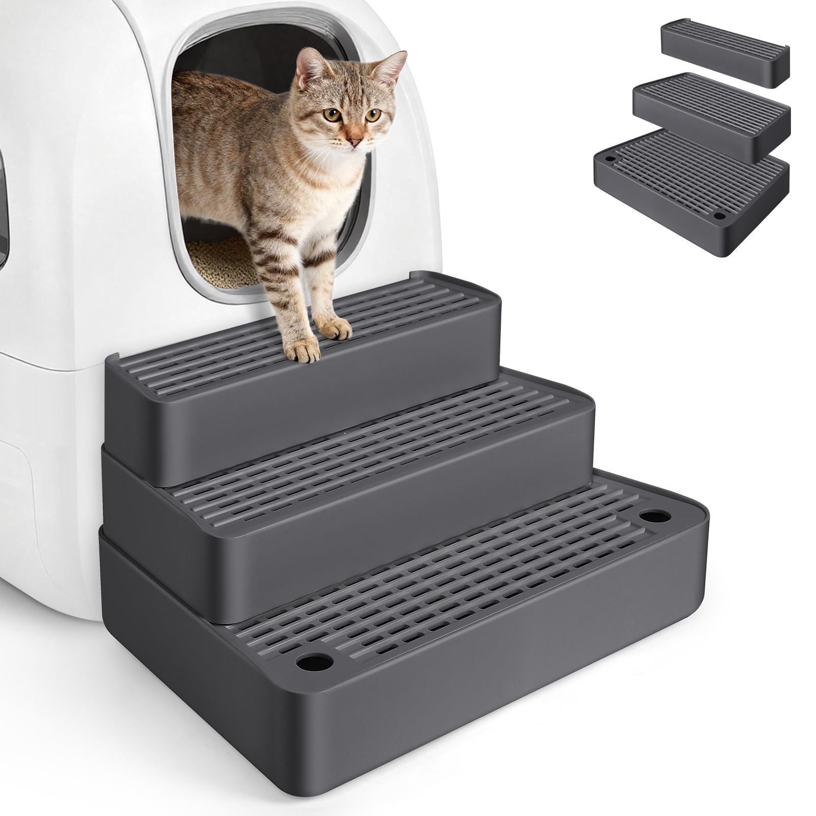 Photo 1 of Bartuke Extra Large 3 Steps Litter Box Ramp, Adjustable Cat Litter Box Step with Filter Function, Easy to Clean Cat Litter Stair Catcher for Elderly Cats and Kitten (Dark Grey)