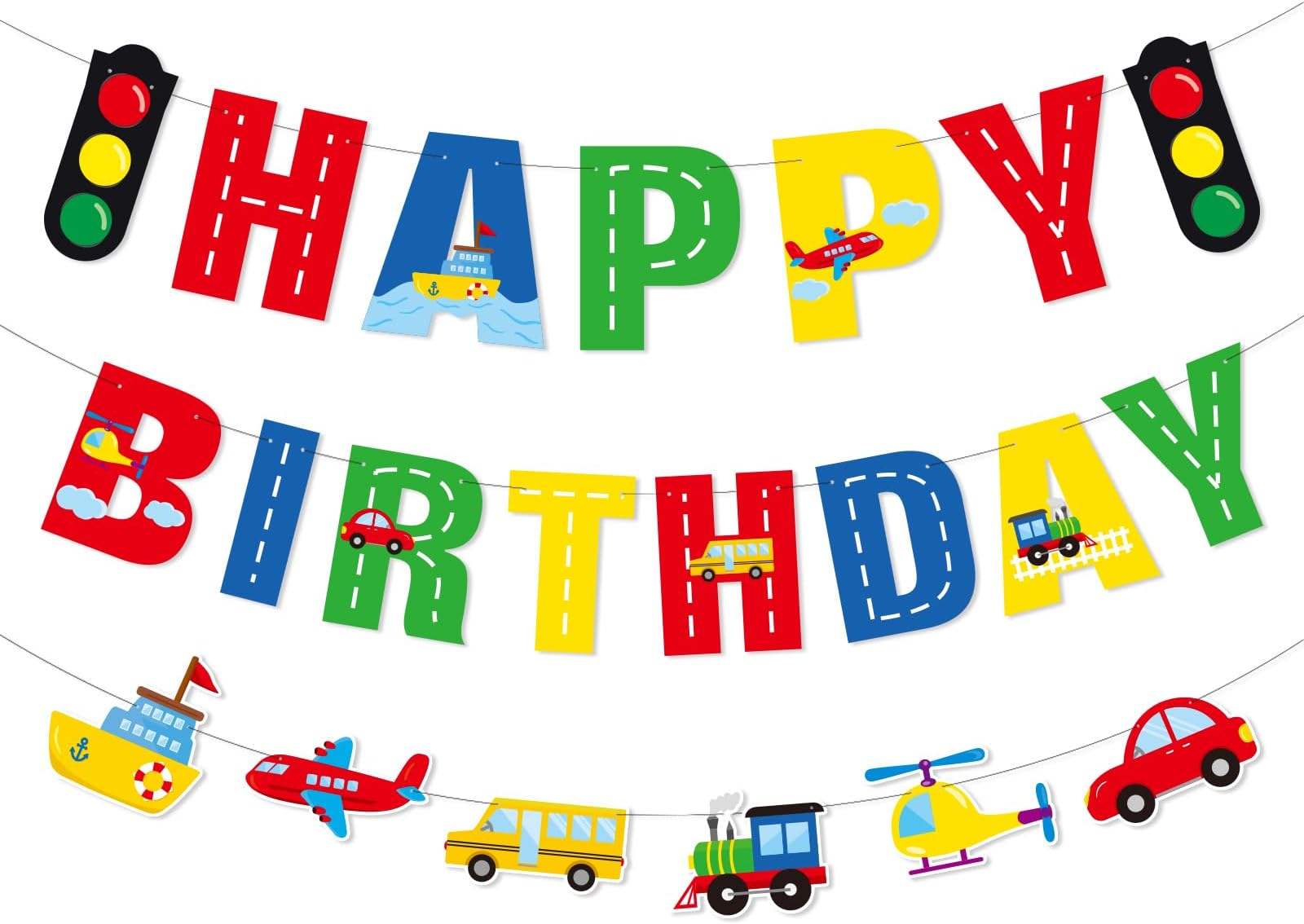 Faisichocalato Transportation Happy Birthday Banner Car Bus Train Plane Ship Helicopter Traffic Light Photo Props Garland for Kids Transportation Theme Birthday Party Decorations Baby Shower Supplies