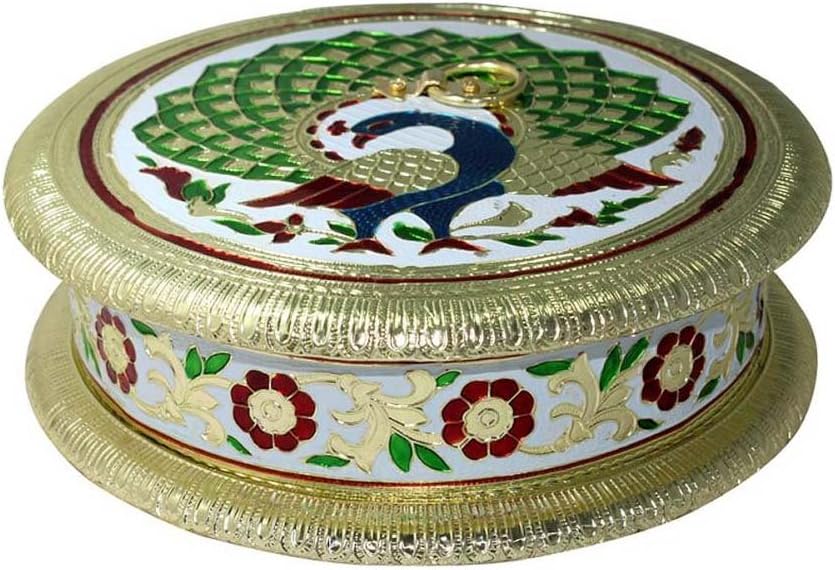 EtsiBitsi Aluminium Dry Fruit Box, Serving Tray, Decorative Platter, Beautiful Snack Box with Unique Meenakari Peacock Design from (TM) EB_Figur_049, Multicolor