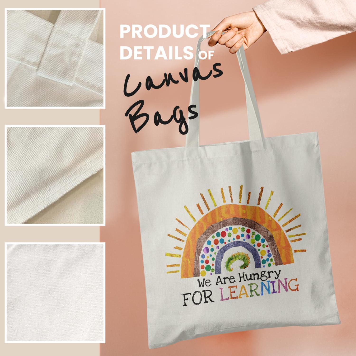 We Are Hungry For Learning Canvas Tote Bag,Rainbow Caterpillar Totes Bag,Colorful Canvas Bag For Shopping Market Work,Women Reusable Canvas Tote Bag image 4
