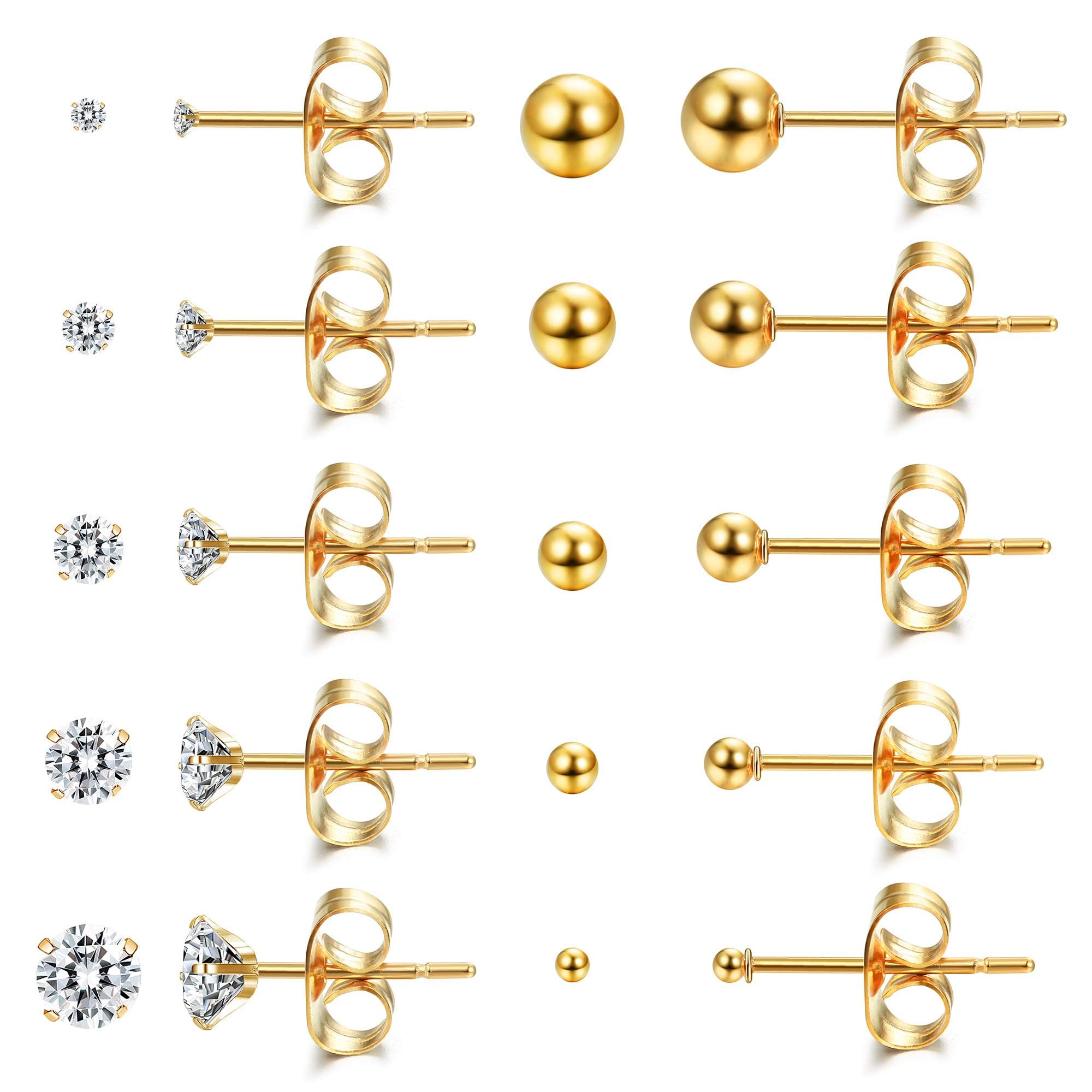 Dochais 10 Pares Pequeños Pendientes Mujer 14K dorados Pequeños Pendientes Acero 316L Quirurgico Cartílago Pendientes Helix Hipoalergénicos Circonita Cúbicas Redondos para Mujeres Hombres 2/3/4/5/6MM