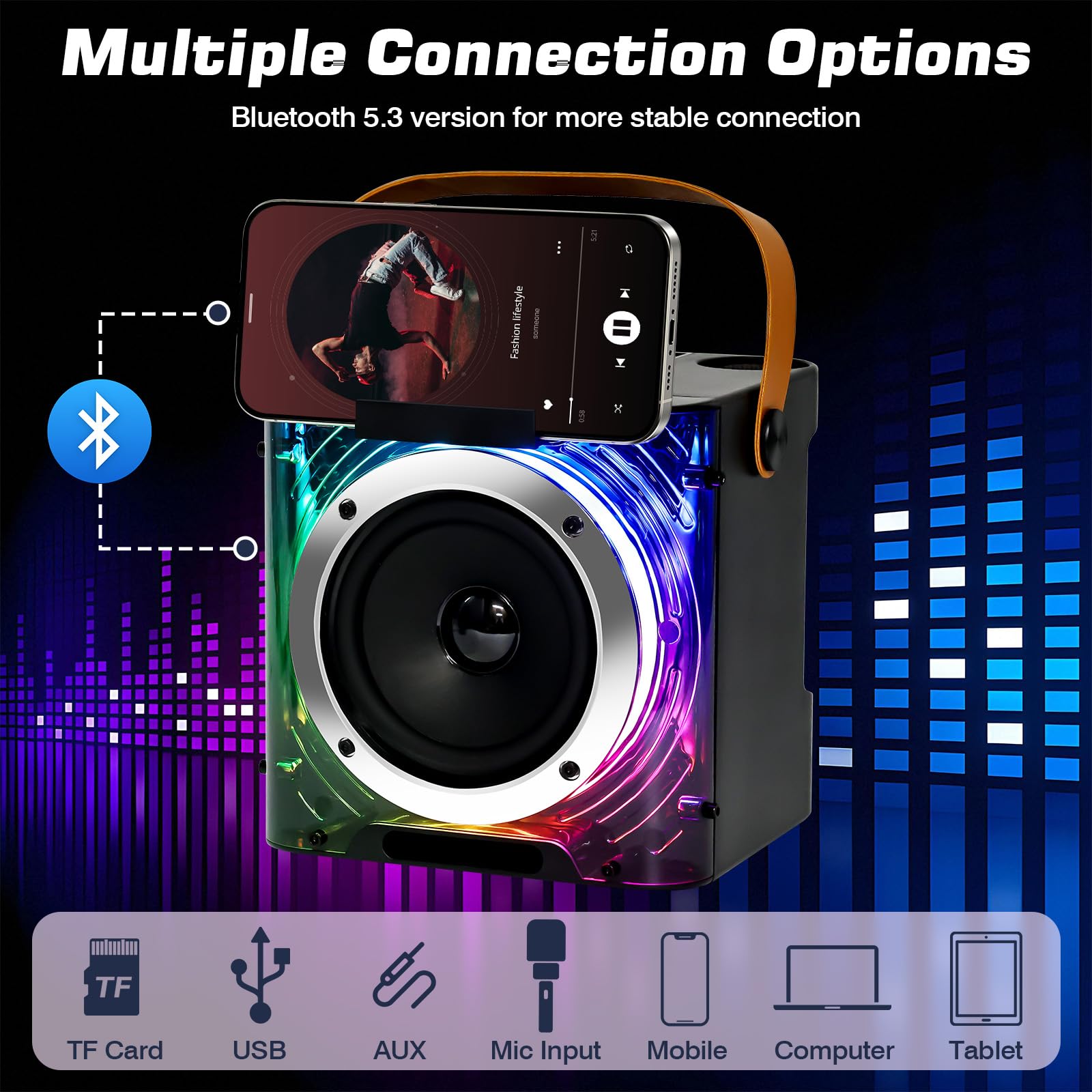 Macchina per con 2 Microfoni Wireless y Supporto per Telefono, Altoparlante karaoke cassa Bluetooth 5.3 portatile, con luci a LED per Adulti e Bambini