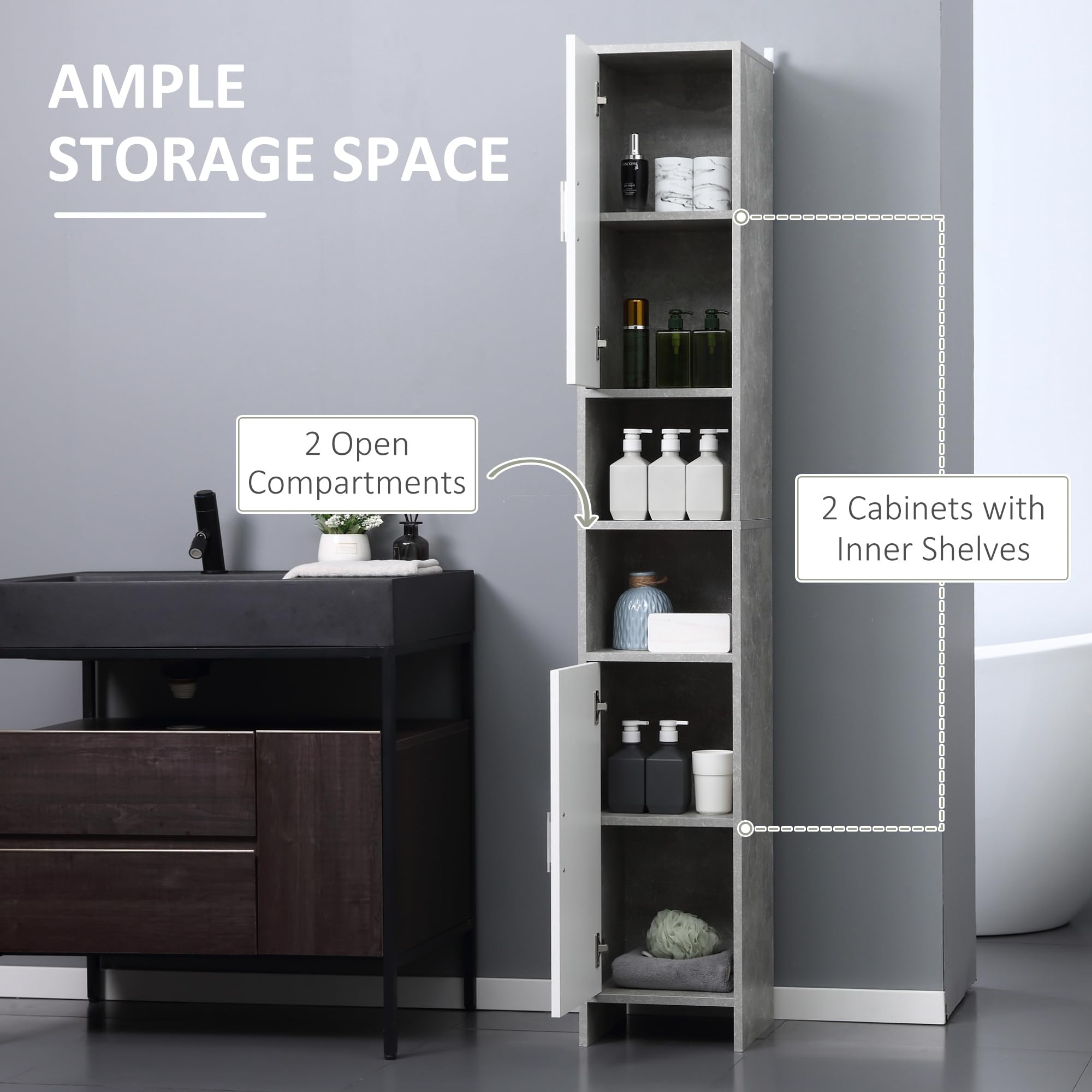kleankin Armario de baño alto autoportante con 2 armarios Gris | 2 Compartimentos abiertos, organizador de baño delgado, estantes ajustables, base elevada, para sala de estar