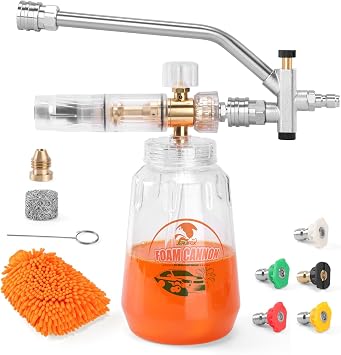 JERUIFOX Dual Connector Foam Cannon for Pressure Washer, Pressure Washer Foam Cannon for Car Washing with 5 Power Washer Sprayer Nozzles 1/4" Quick Connect Foam Soap Cannon for Snow Foam Lance