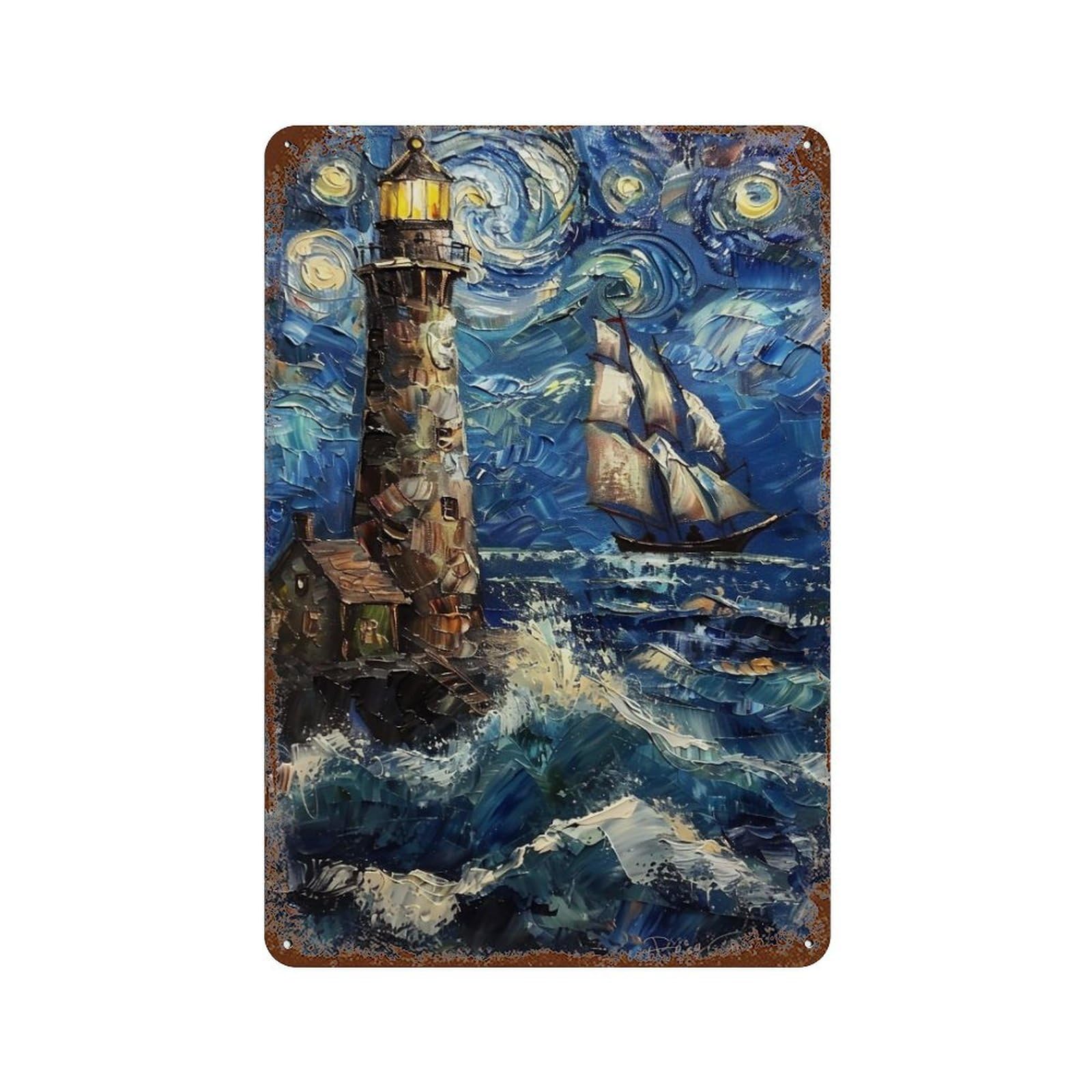 YHGERTKU Starry Night Style Lighthouse Ocean 02 Wall Art Retro Iron Vintage Metal Tin Sign Poster Modern Decor for Living Rooms Gift 30x20cm