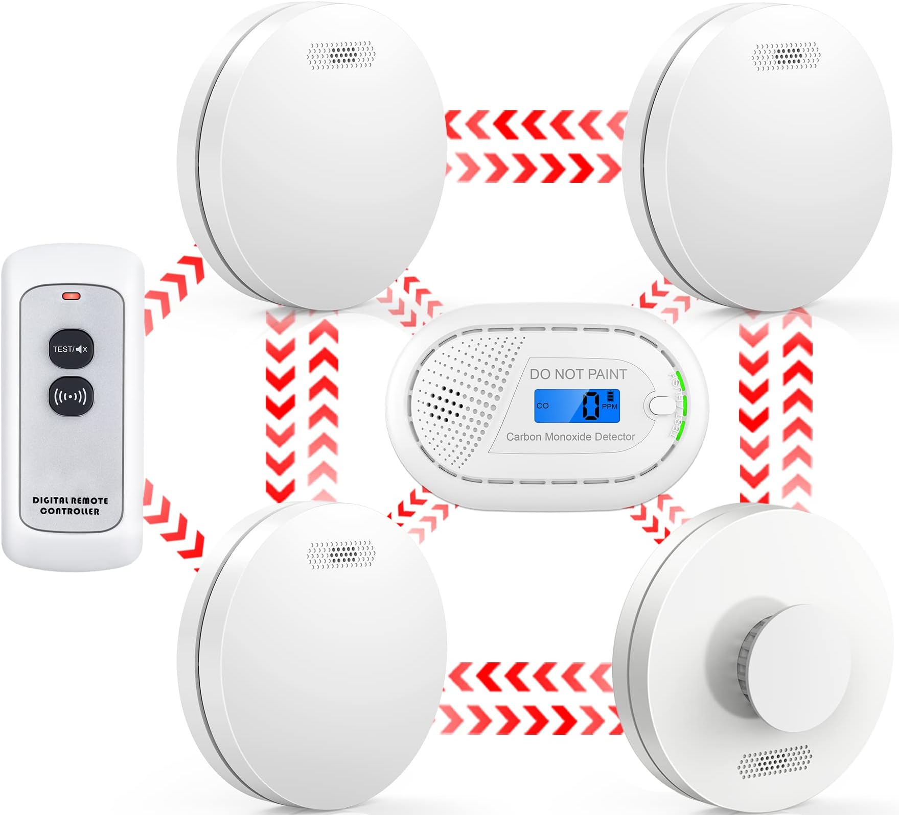 CPVAN Wireless Interlinked Smoke, Heat & Carbon Monoxide Alarm Bundle with Remote Control, Scotland & England Law Compliant, 10 Year Battery, CE & BS Certified, Pre Linked. 5 Pack