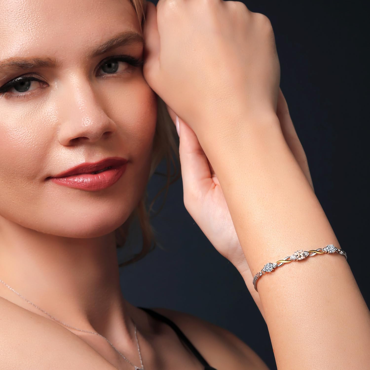 Gem Stone King 925 Silver and 10K Yellow Gold Peach Morganite and Lab Grown Diamond Bracelet For Women | 2.34 Cttw | Gemstone October Birthstone | Cushion 6MM | 7 Inches | Made in Italy