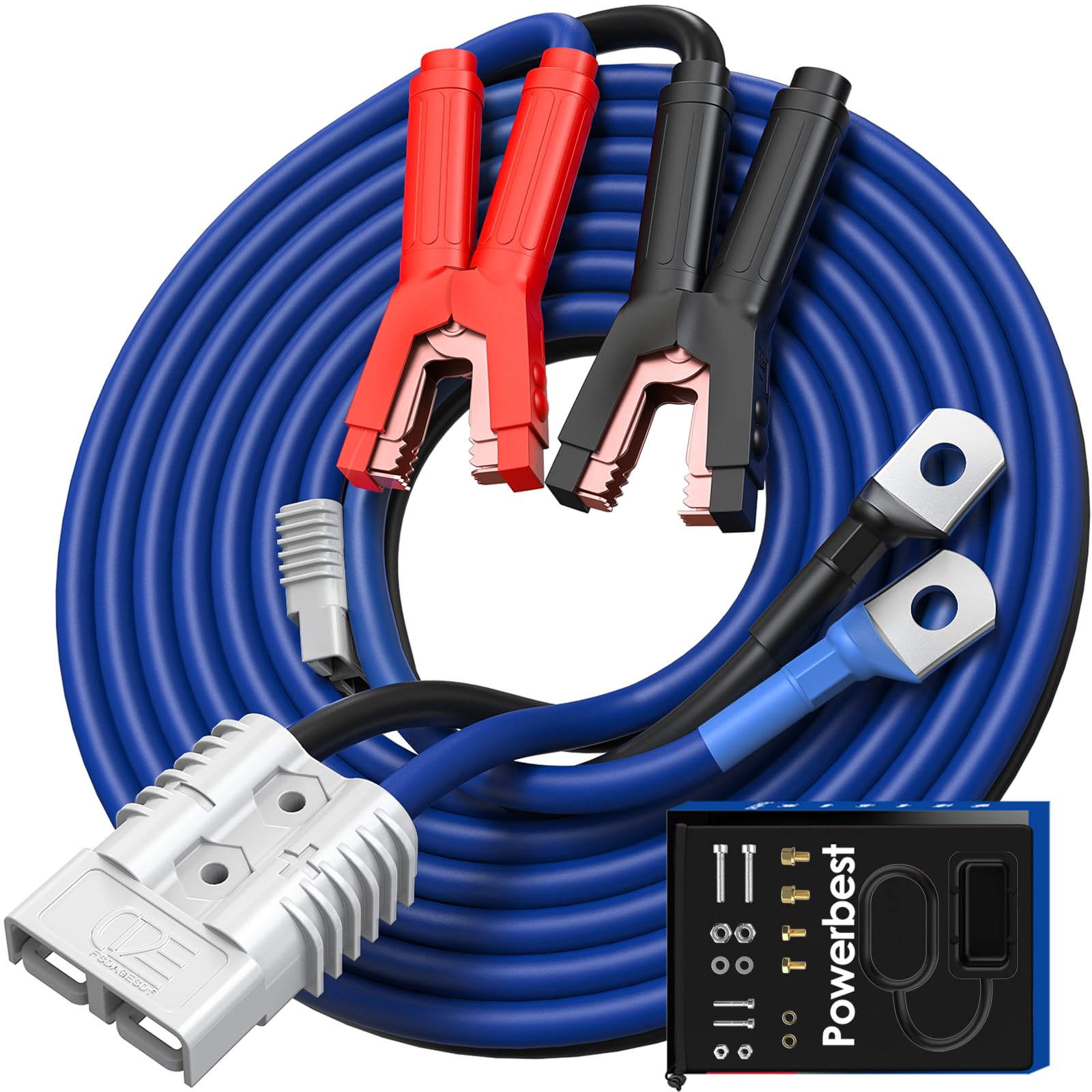 Heavy Duty Jumper Cables - 2/0 Gauge 30 Feet 1600Amp Automotive Booster Jumper Cables with 350A Battery Quick Connect and Permanent Installation kit