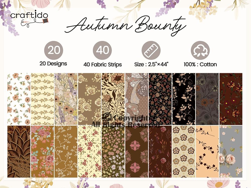 Craftido-18 Options-100% Cotton Jelly Roll Fabric Precut Strips for Quilting, Crafting, and Sewing, 40 Strips 2.5" x 44" Assorted Bundles for Rug, Quilt Project, DIY Craft and Home Decor-Autumn Bounty