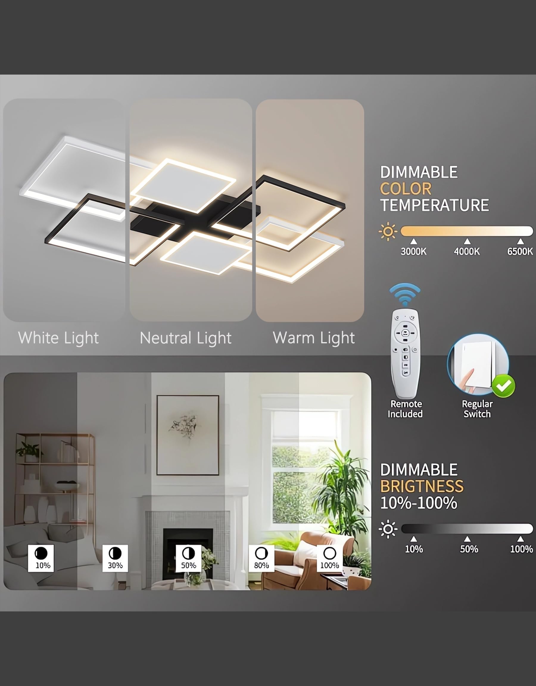 Illuminazione a Soffitto a Led Lampade a Soffitto Rettangolari Moderne Per Il Soggiorno Dimmerabile Con Telecomando Contro Plafoniera ad Incasso per Il Soggiorno Camera da Letto Parlour (110cm-Nero)