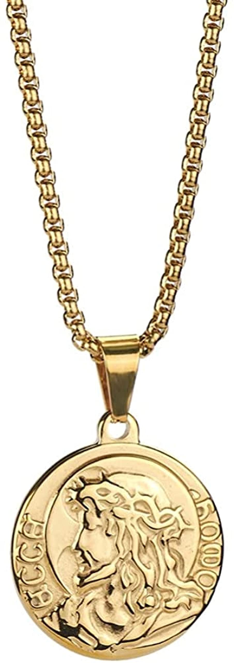 Amazon | [KYORYNOOUE] ネックレス メンズ ベネチアンチェーン 長さ 60cm 人物 イエス コインネックレス アンティーク風  宗教 キリスト コイン メダル お守り チタン 金属アレルギー対応 アクセサリー 銀 | ネックレス 通販