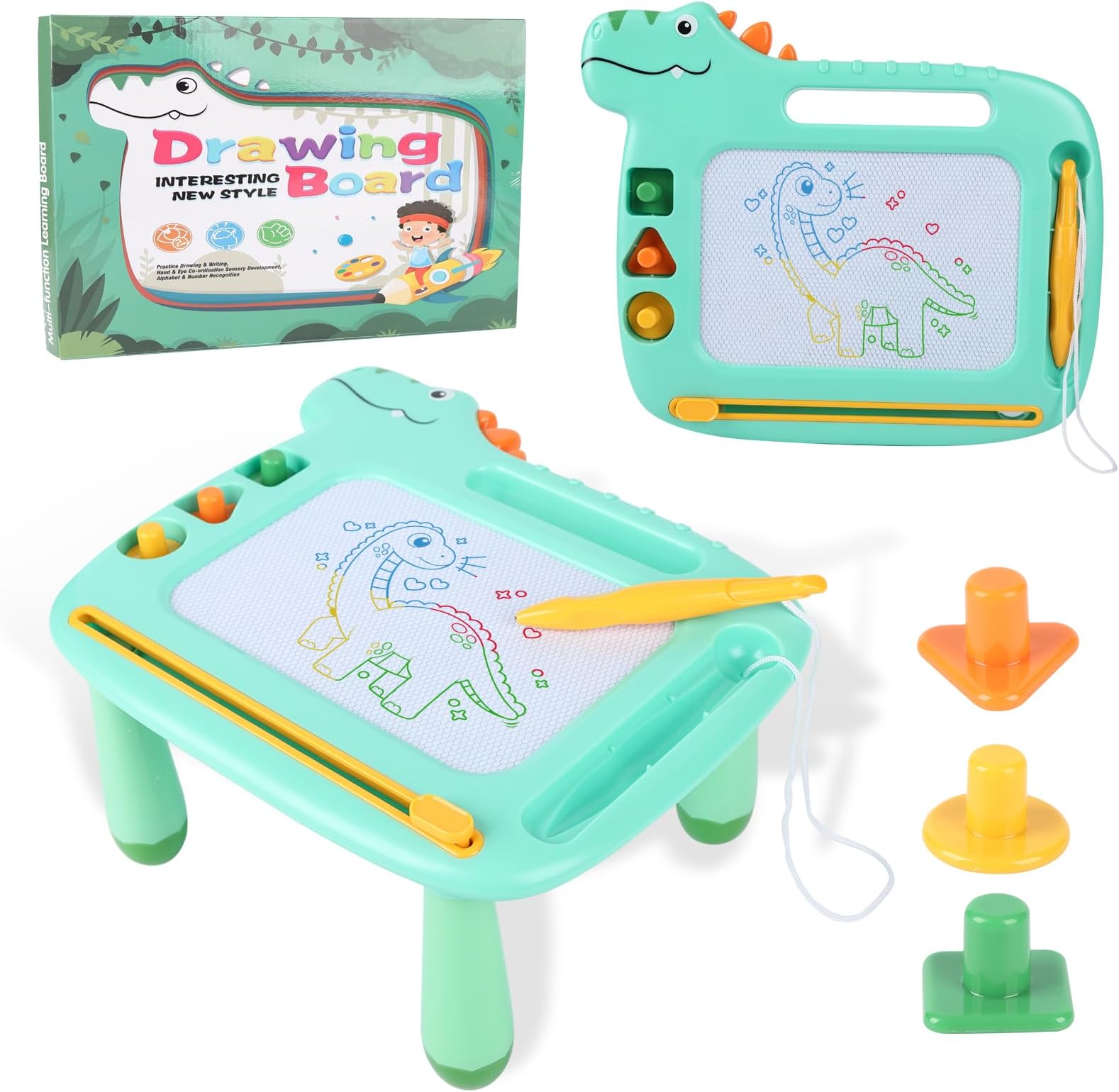 Magnetic Drawing Board, Dinosaur Design Educational Toys for Boys and Girls, Toddler Doodle Pad with Magnetic Pen and Stamps, Birthday Gifts for Boys and Girls